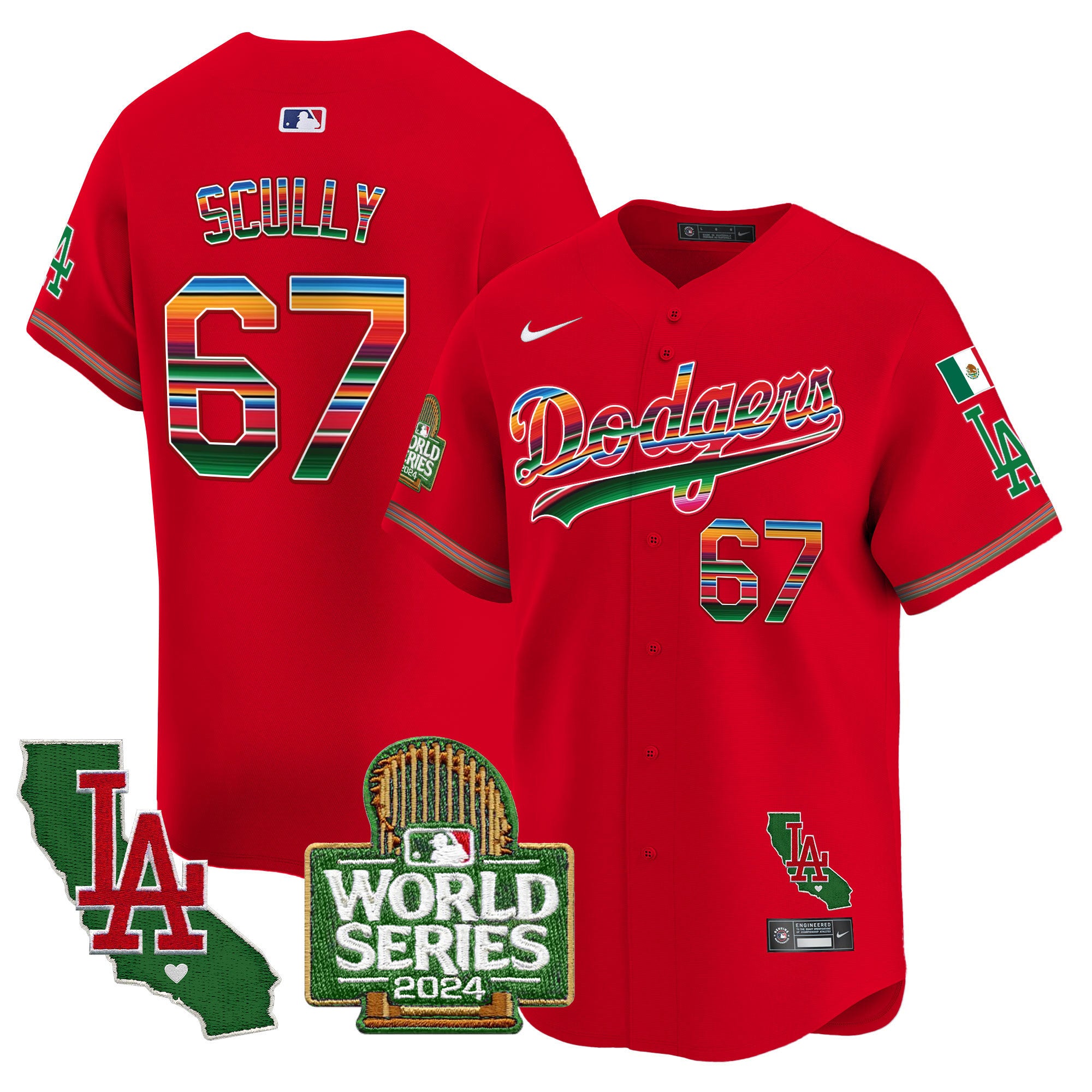 Men's Dodgers Mexico 2024 World Series Vapor Premier Limited Jersey - All Stitched - Red, Vin Scully