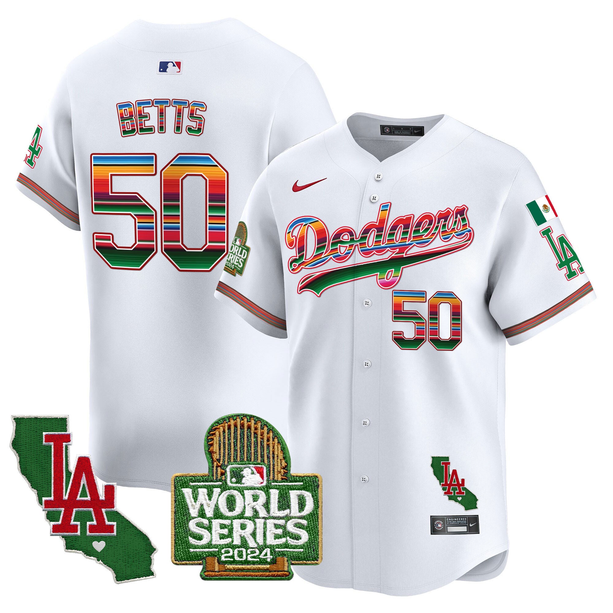 Men's Dodgers Mexico 2024 World Series Vapor Premier Limited Jersey - All Stitched - White, Mookie Betts