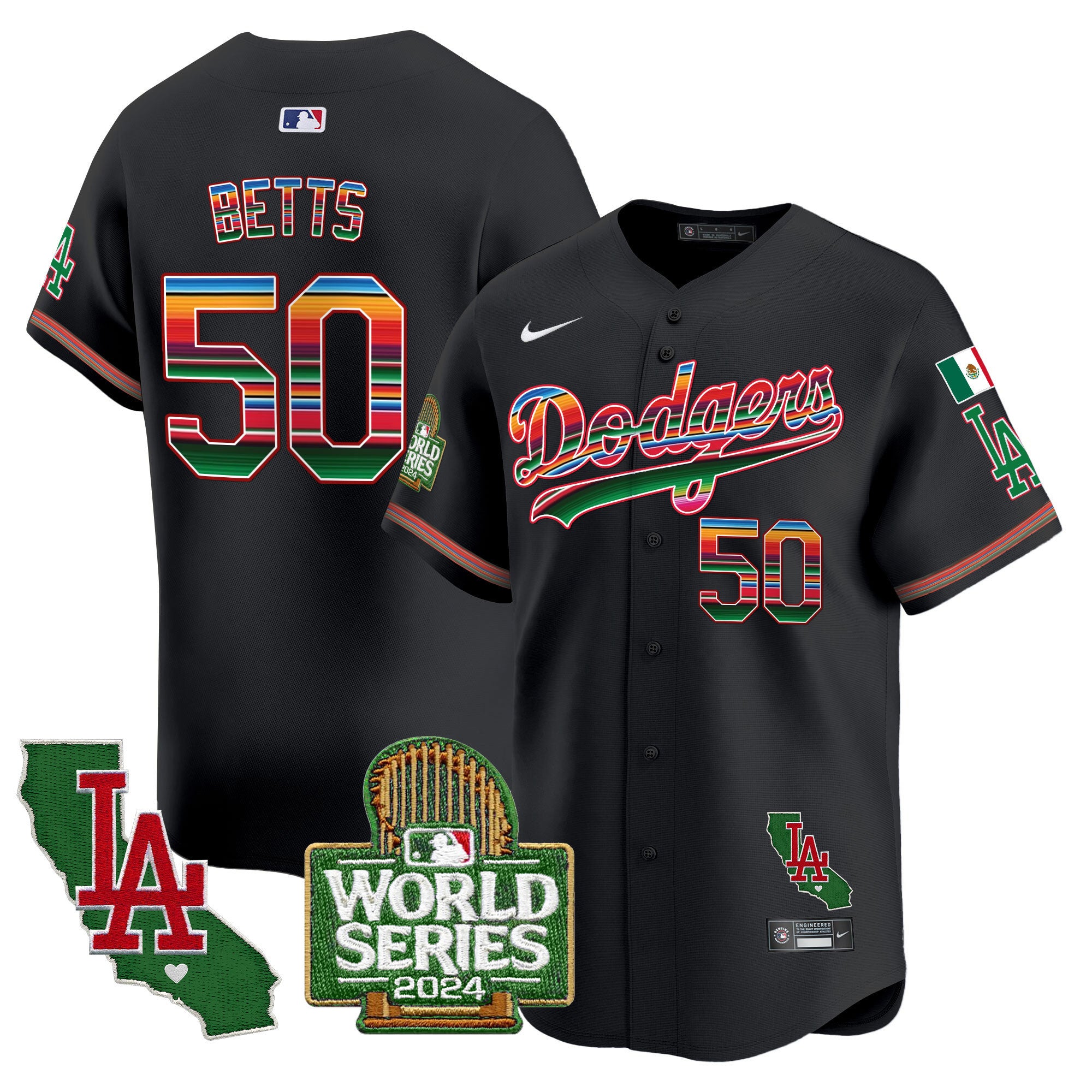 Men's Dodgers Mexico 2024 World Series Vapor Premier Limited Jersey - All Stitched - Black, Mookie Betts