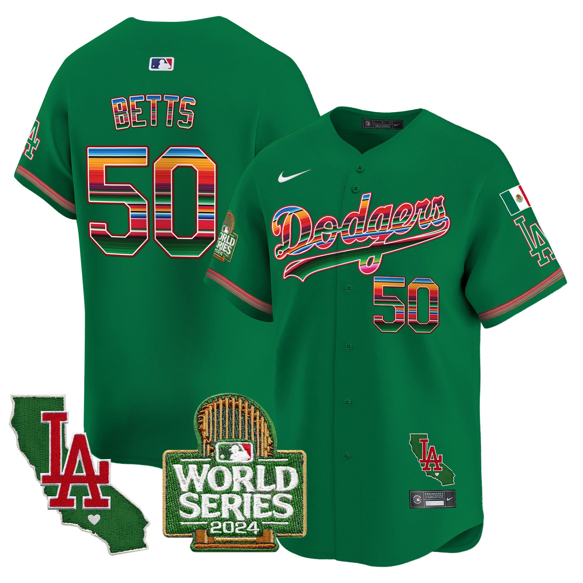 Men's Dodgers Mexico 2024 World Series Vapor Premier Limited Jersey - All Stitched - Green, Mookie Betts