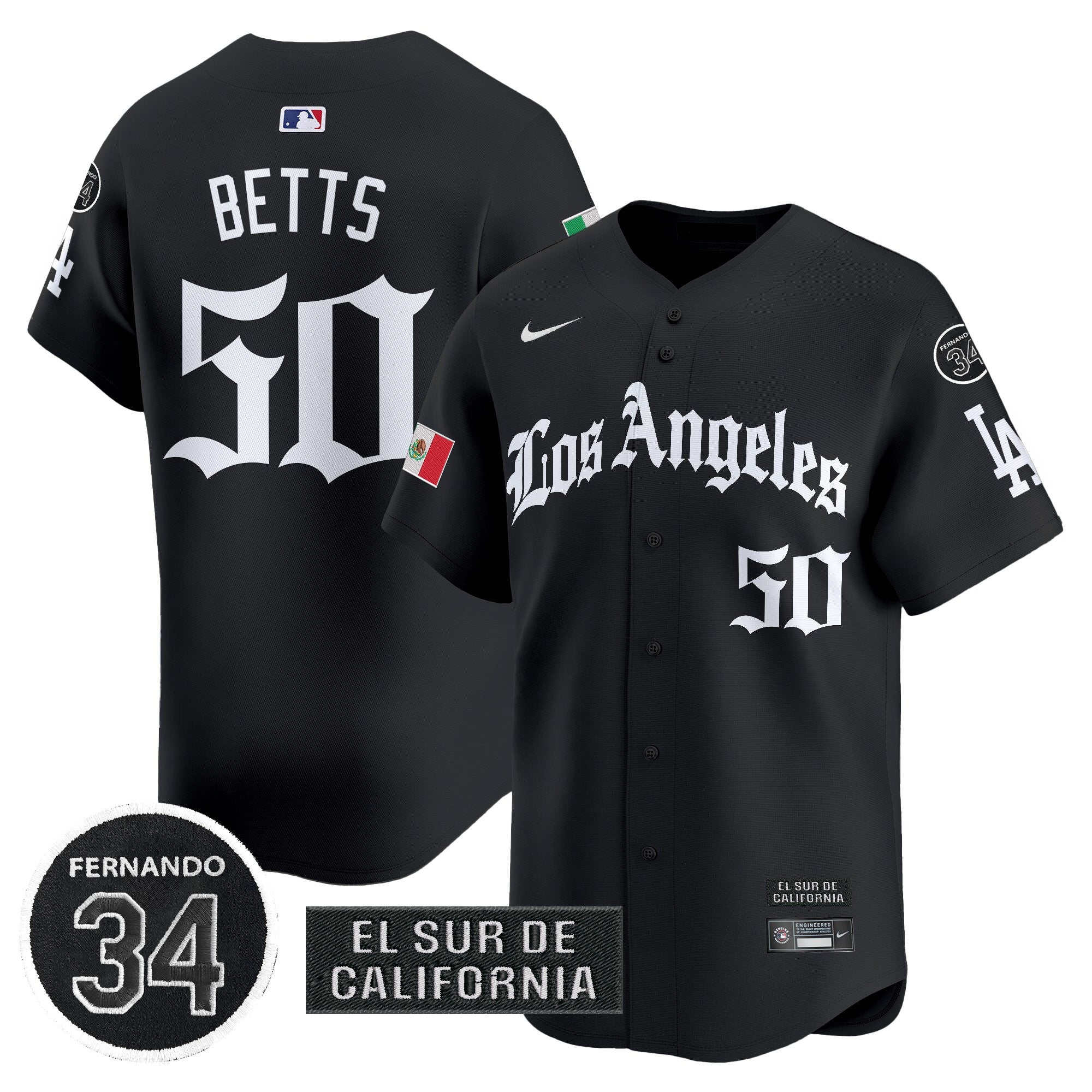 Men's Dodgers Mexico 2025 LA Gothic Style Vapor Premier Limited Jersey - All Stitched - Black, Mookie Betts