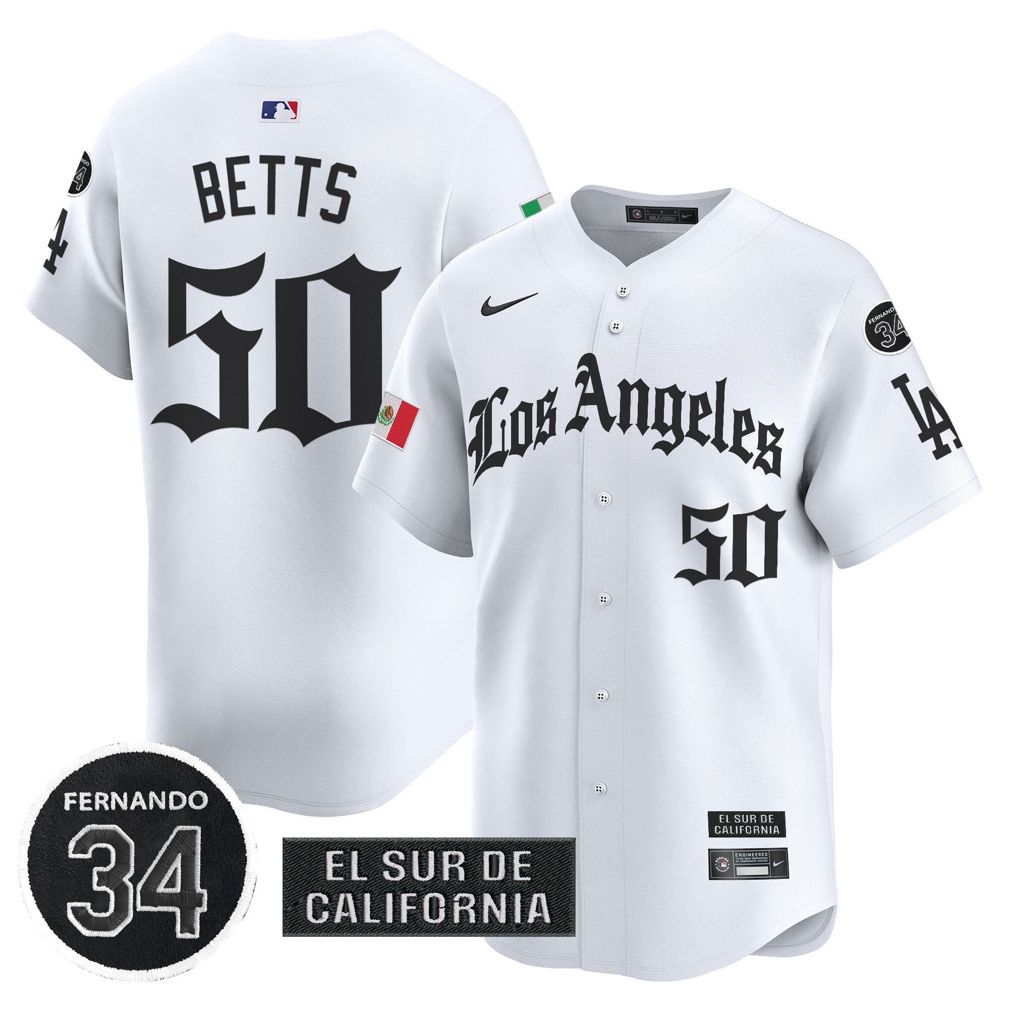 Men's Dodgers Mexico 2025 LA Gothic Style Vapor Premier Limited Jersey - All Stitched - White, Mookie Betts