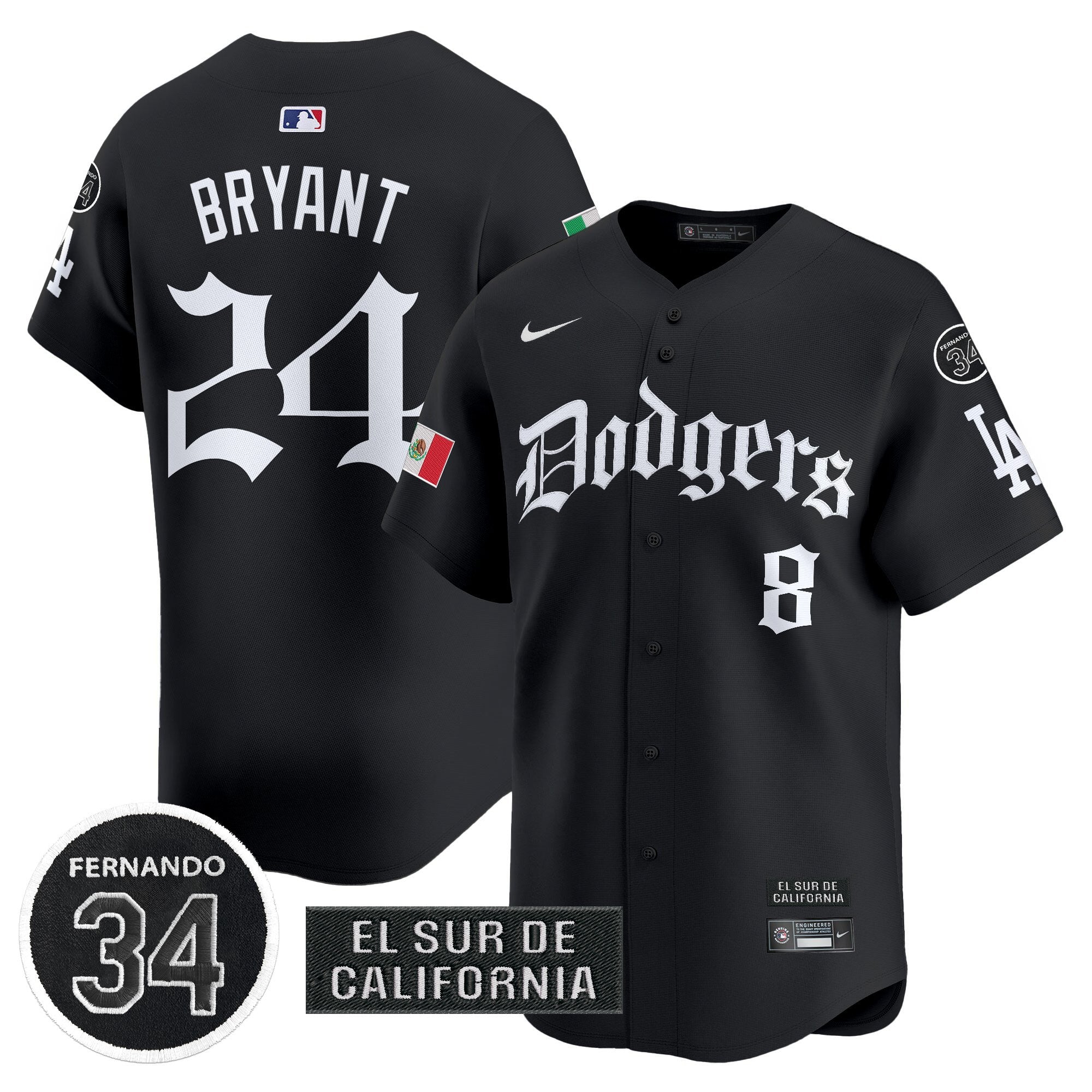 Men's Dodgers Mexico 2025 LA Gothic Style Vapor Premier Limited Jersey V2 - All Stitched - Black, Kobe Bryant