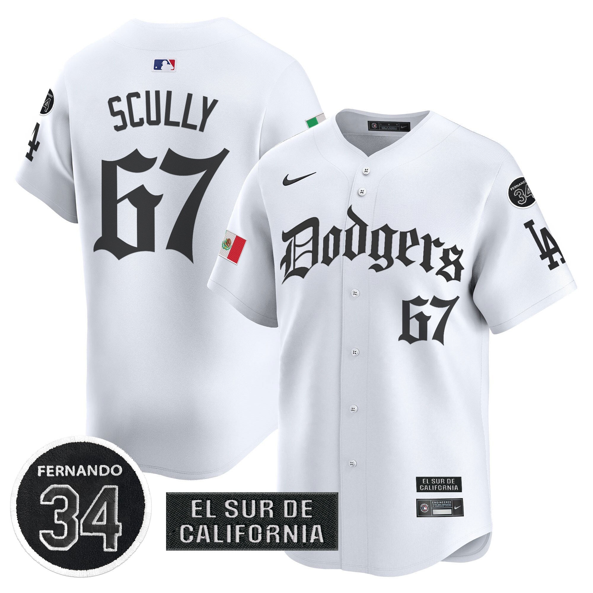 Men's Dodgers Mexico 2025 LA Gothic Style Vapor Premier Limited Jersey V2 - All Stitched - White, Vin Scully