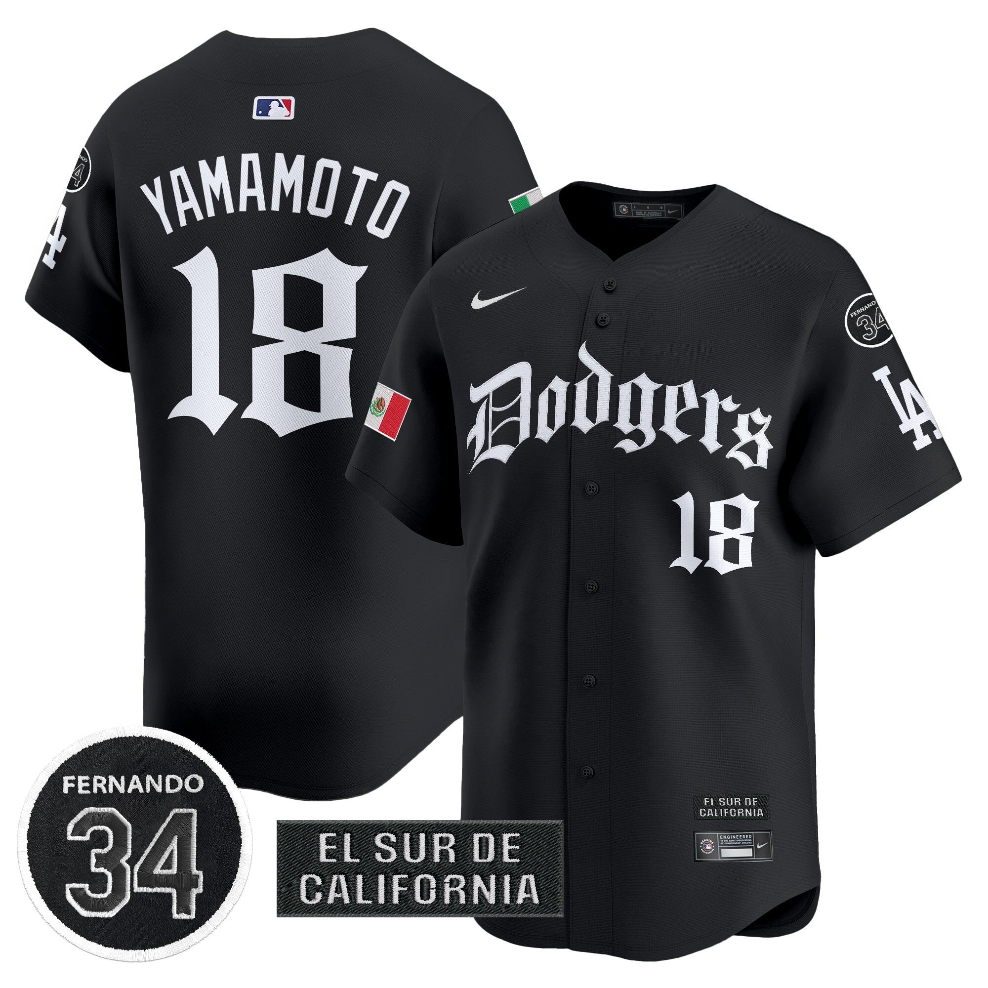 Men's Dodgers Mexico 2025 LA Gothic Style Vapor Premier Limited Jersey V2 - All Stitched - Black, Yamamoto