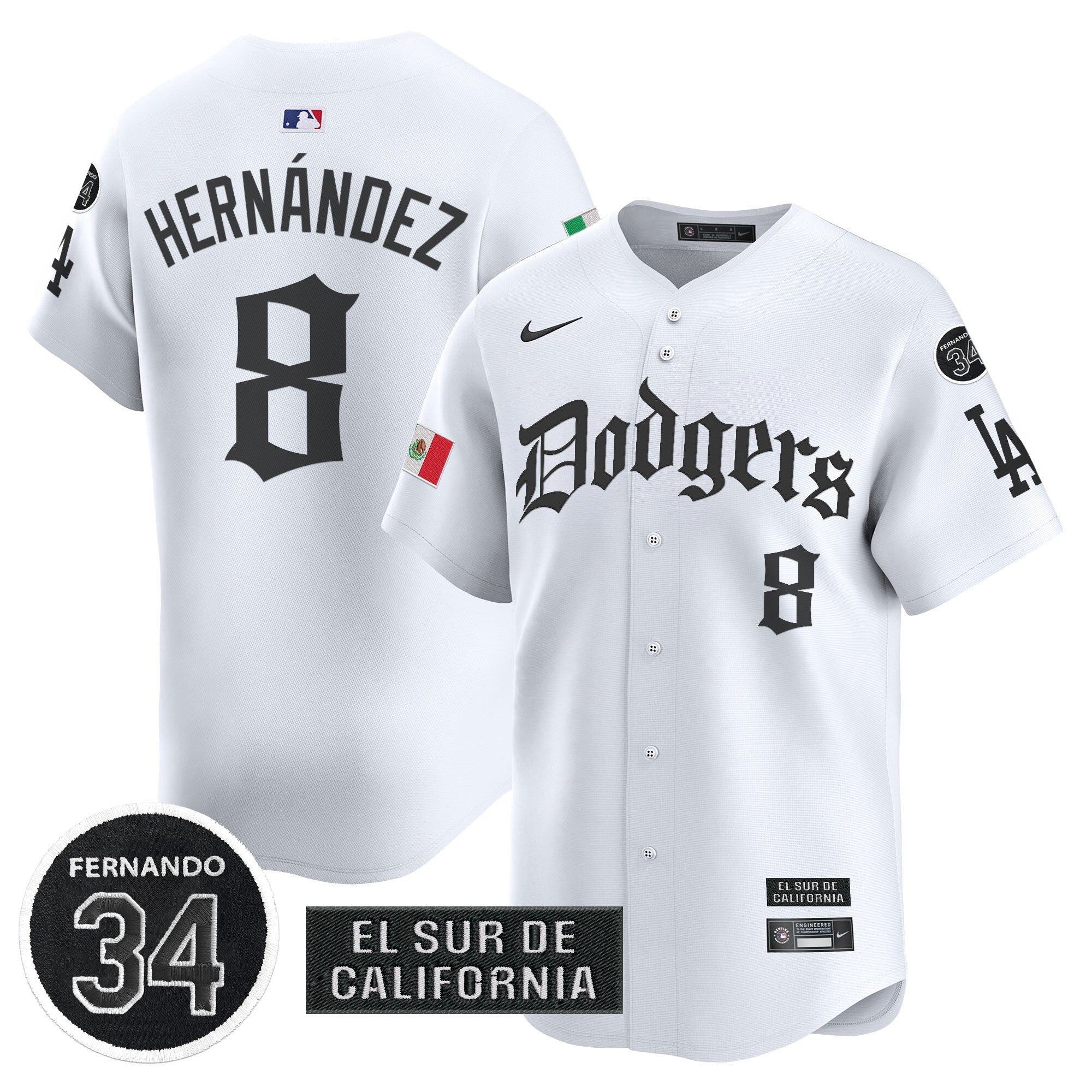 Men's Dodgers Mexico 2025 LA Gothic Style Vapor Premier Limited Jersey V2 - All Stitched - White, Kike Hernandez
