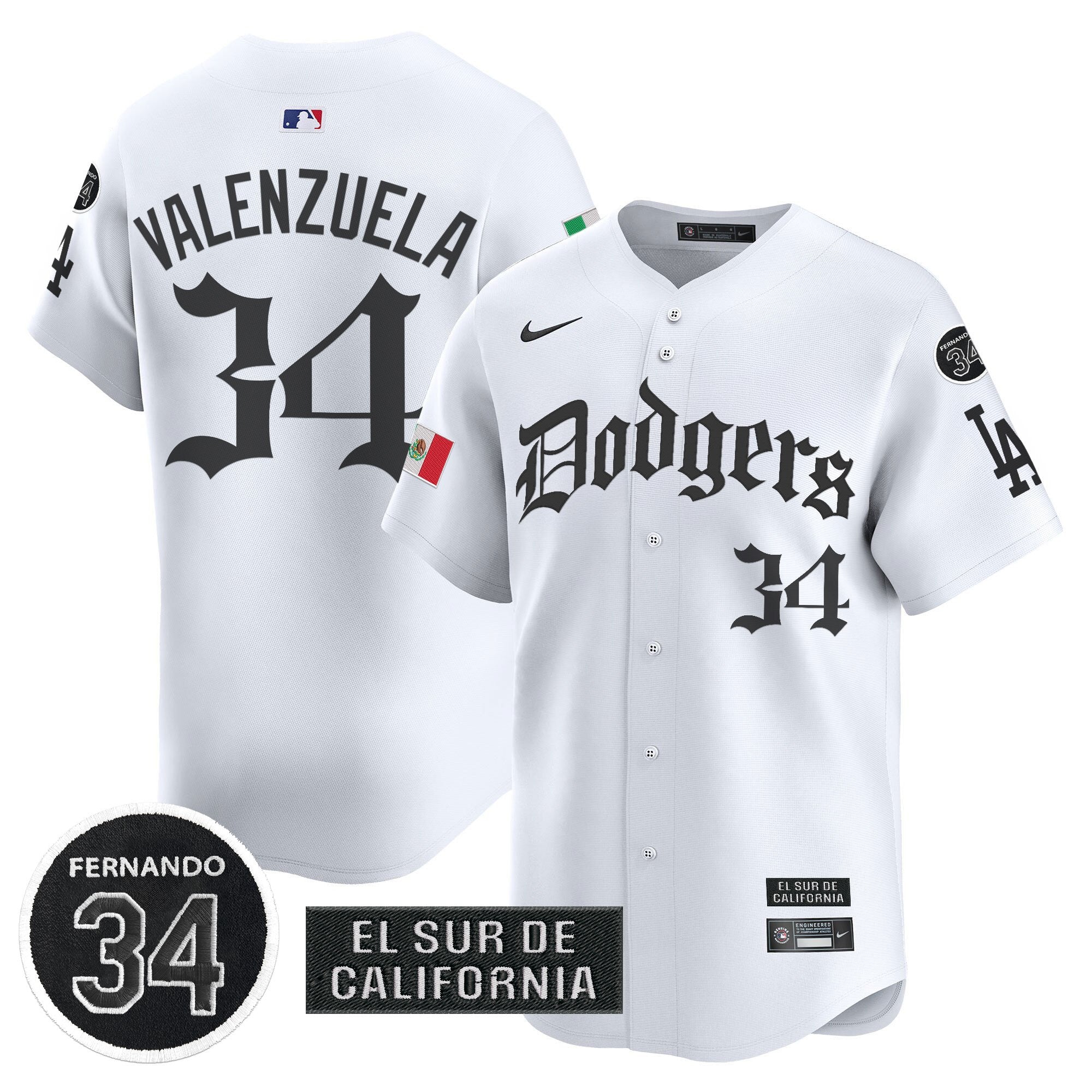 Men's Dodgers Mexico 2025 LA Gothic Style Vapor Premier Limited Jersey V2 - All Stitched - White, Fernando Valenzuela
