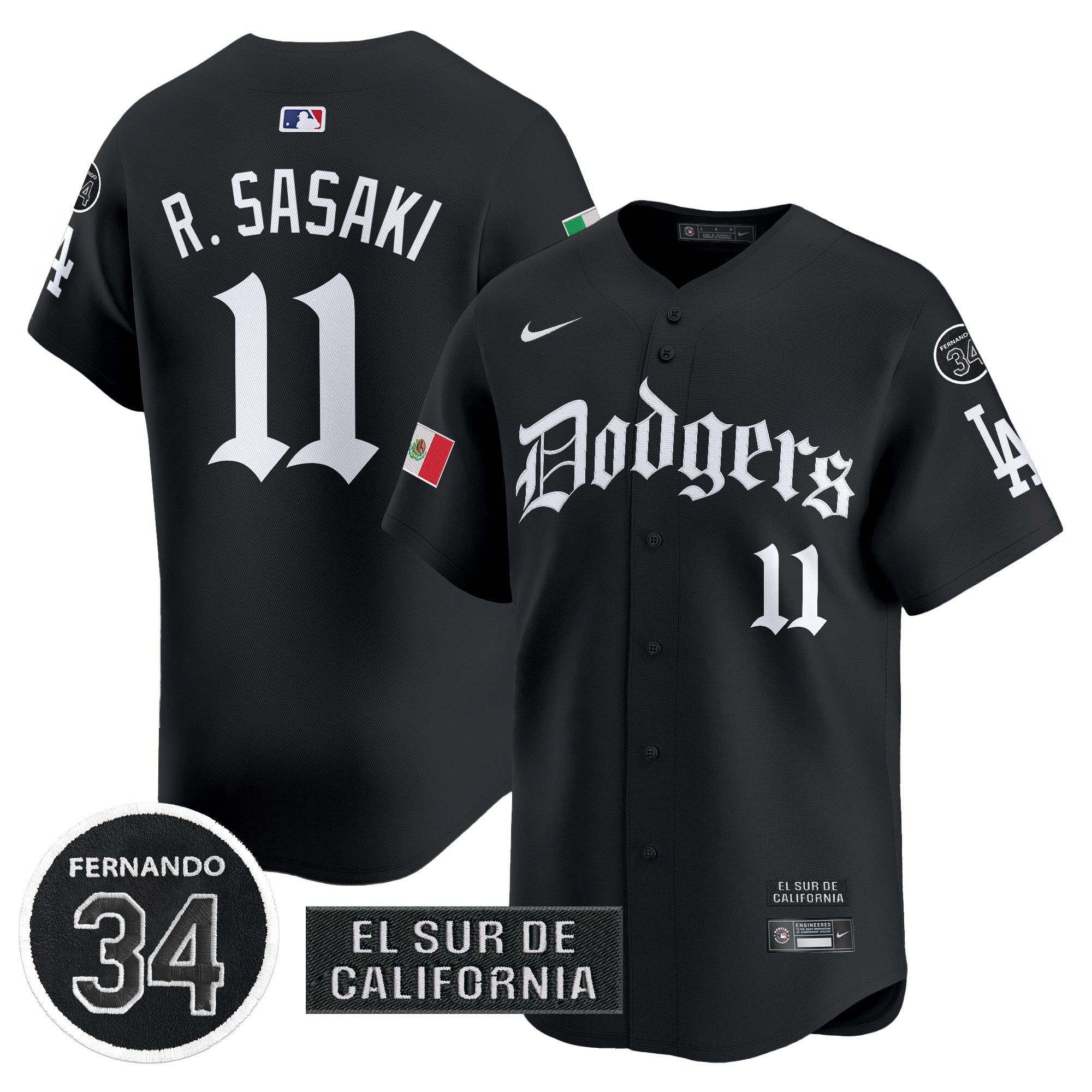 Men's Dodgers Mexico 2025 LA Gothic Style Vapor Premier Limited Jersey V2 - All Stitched - Black, Roki Sasaki