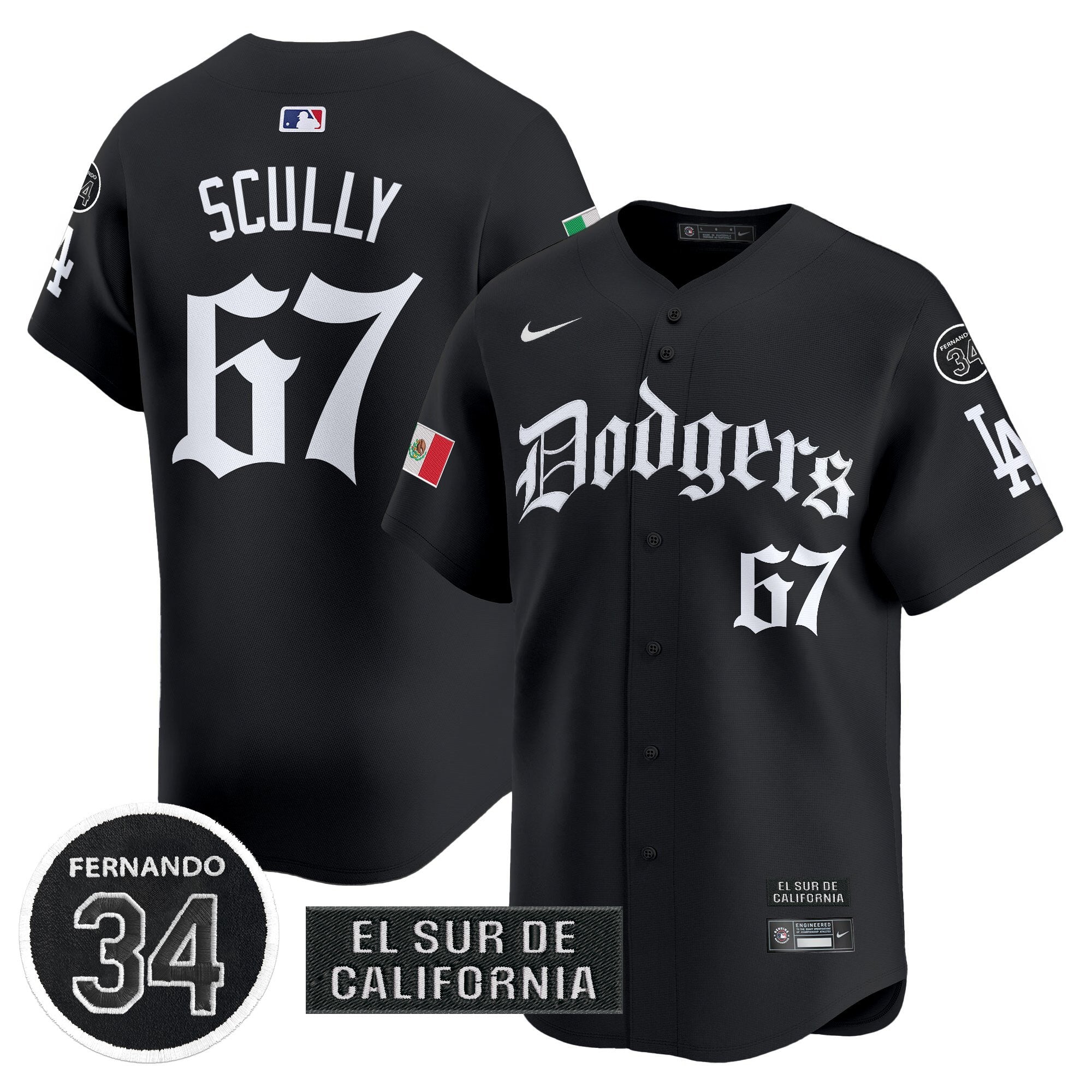 Men's Dodgers Mexico 2025 LA Gothic Style Vapor Premier Limited Jersey V2 - All Stitched - Black, Vin Scully