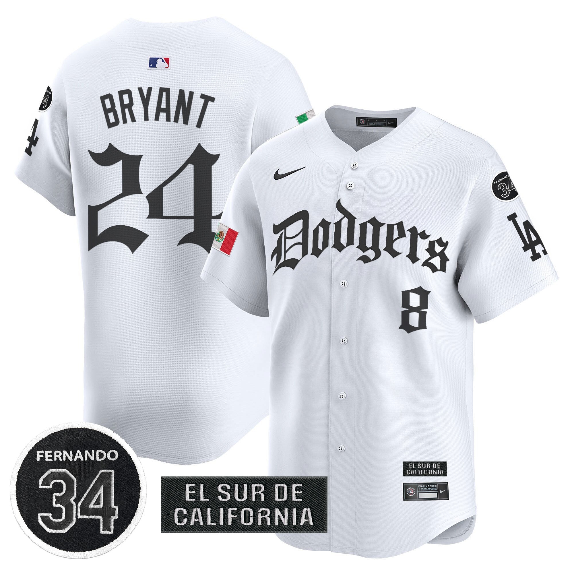 Men's Dodgers Mexico 2025 LA Gothic Style Vapor Premier Limited Jersey V2 - All Stitched - White, Kobe Bryant