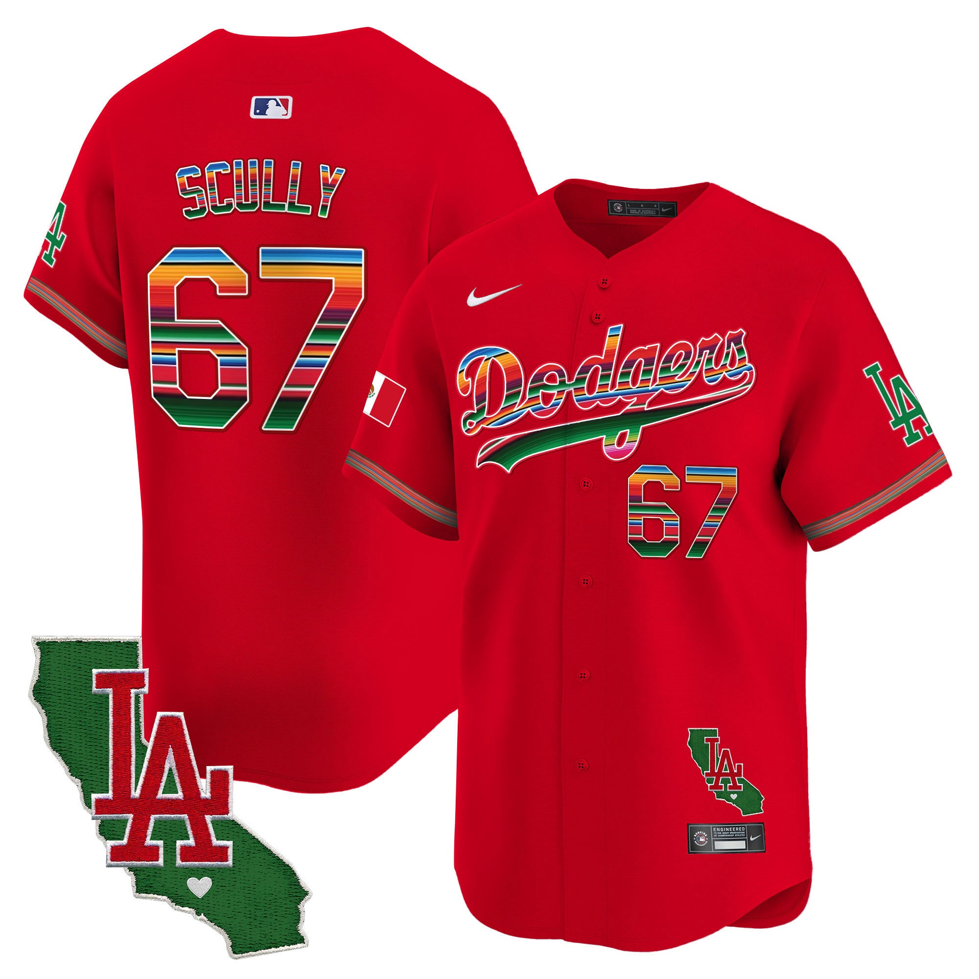 Men's Dodgers Mexico California Patch 2024 Vapor Premier Limited Jersey - All Stitched - Red, Vin Scully