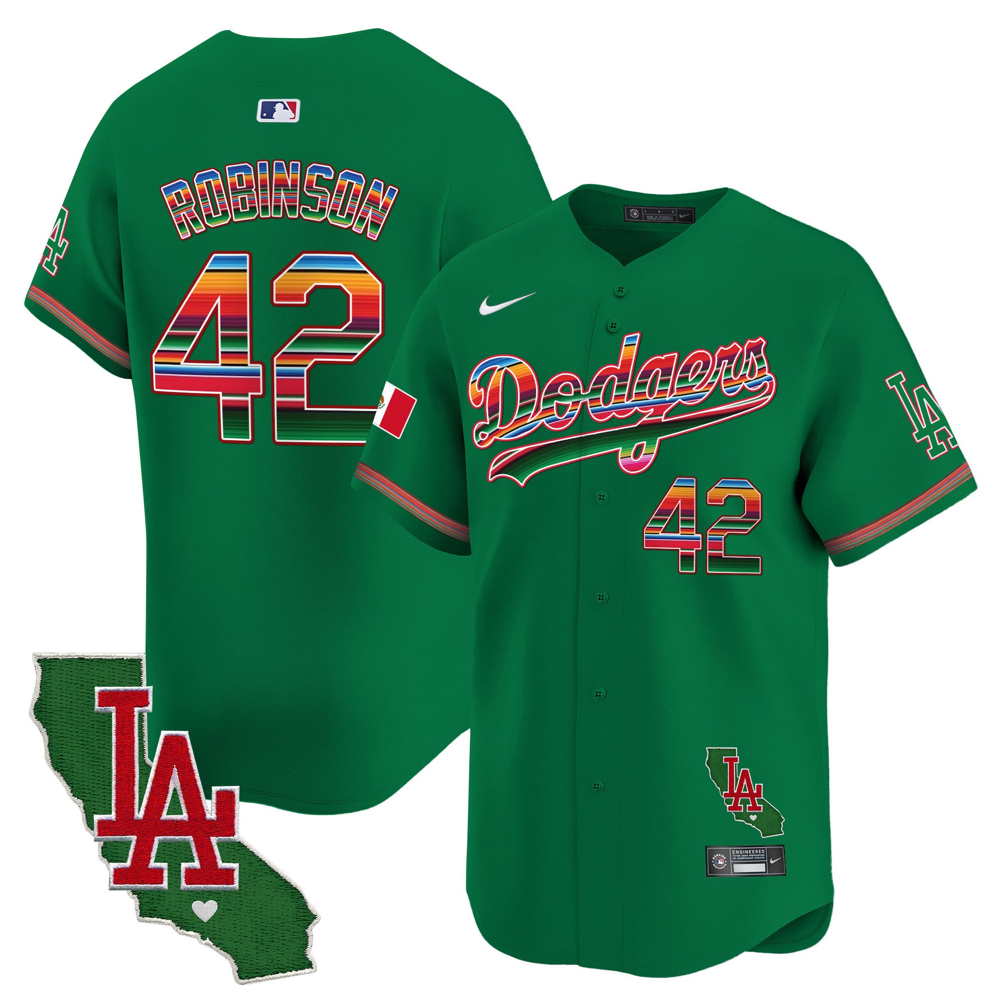 Men's Dodgers Mexico California Patch 2024 Vapor Premier Limited Jersey - All Stitched - Green, Jackie Robinson