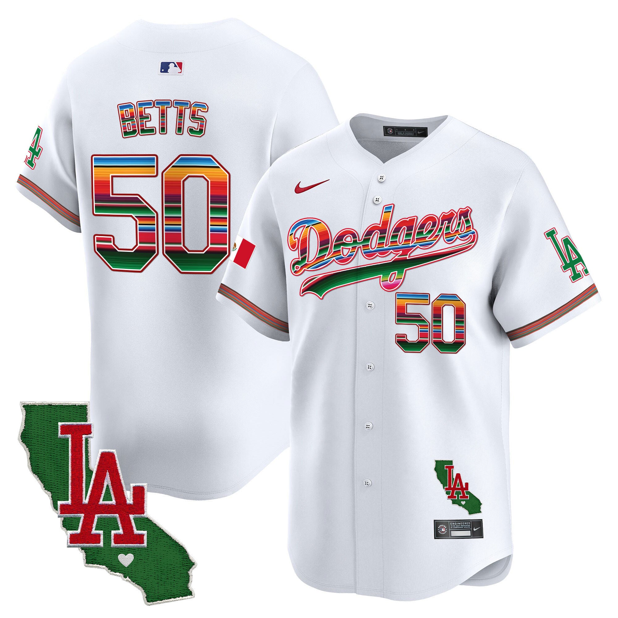 Men's Dodgers Mexico California Patch 2024 Vapor Premier Limited Jersey - All Stitched - White, Mookie Betts