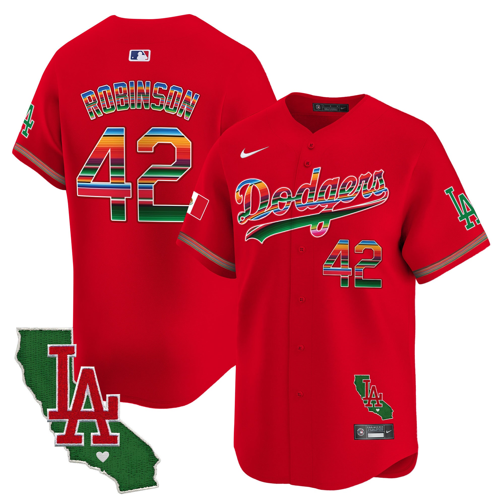 Men's Dodgers Mexico California Patch 2024 Vapor Premier Limited Jersey - All Stitched - Red, Jackie Robinson