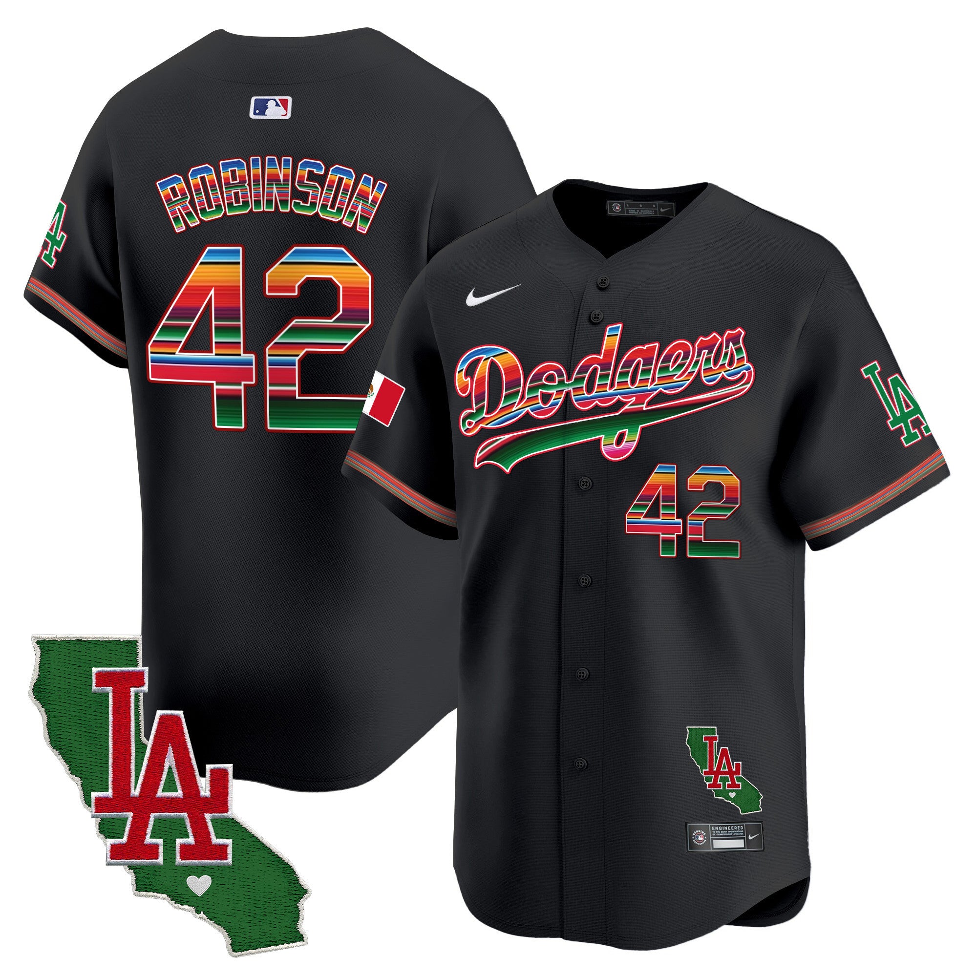 Men's Dodgers Mexico California Patch 2024 Vapor Premier Limited Jersey - All Stitched - Black, Jackie Robinson