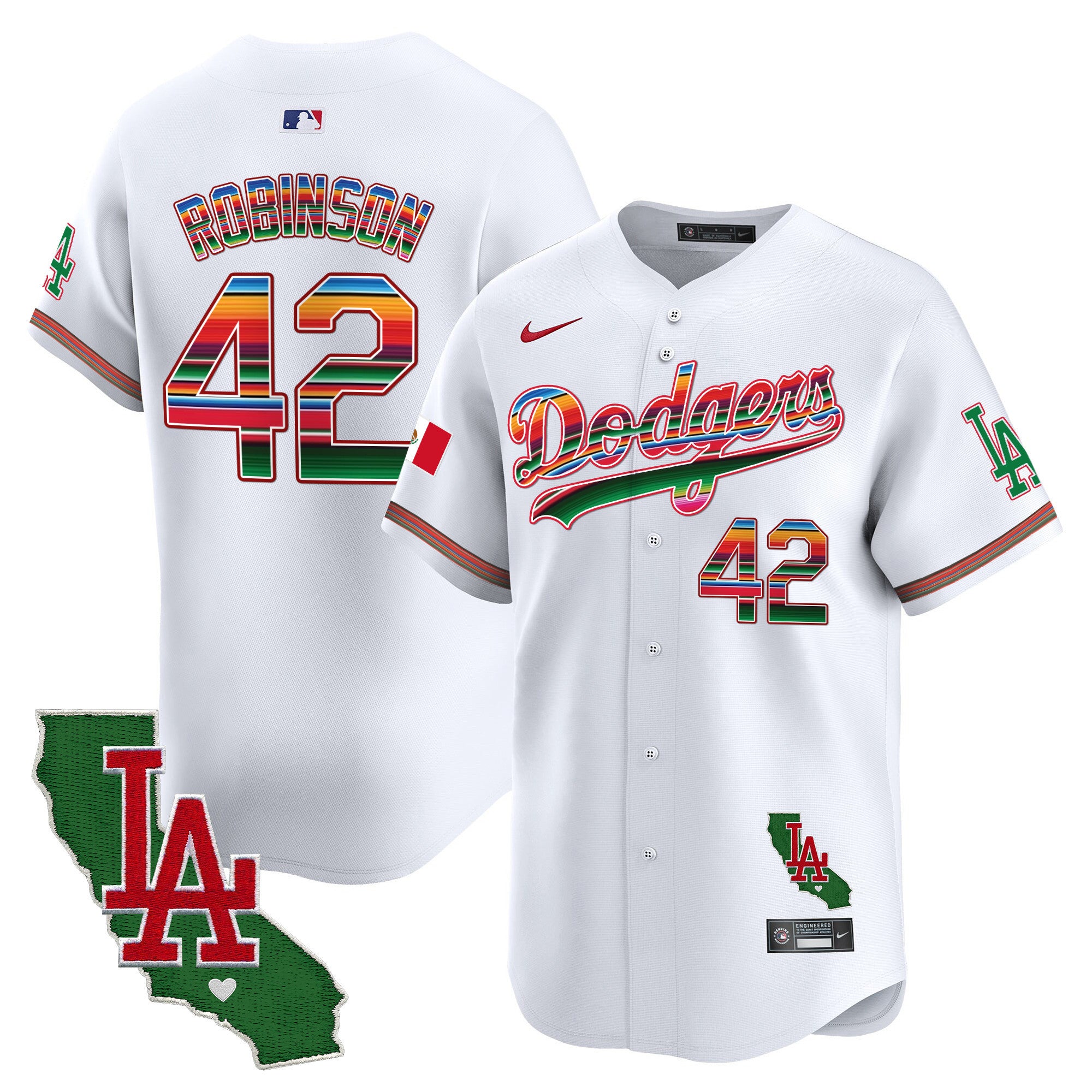 Men's Dodgers Mexico California Patch 2024 Vapor Premier Limited Jersey - All Stitched - White, Jackie Robinson