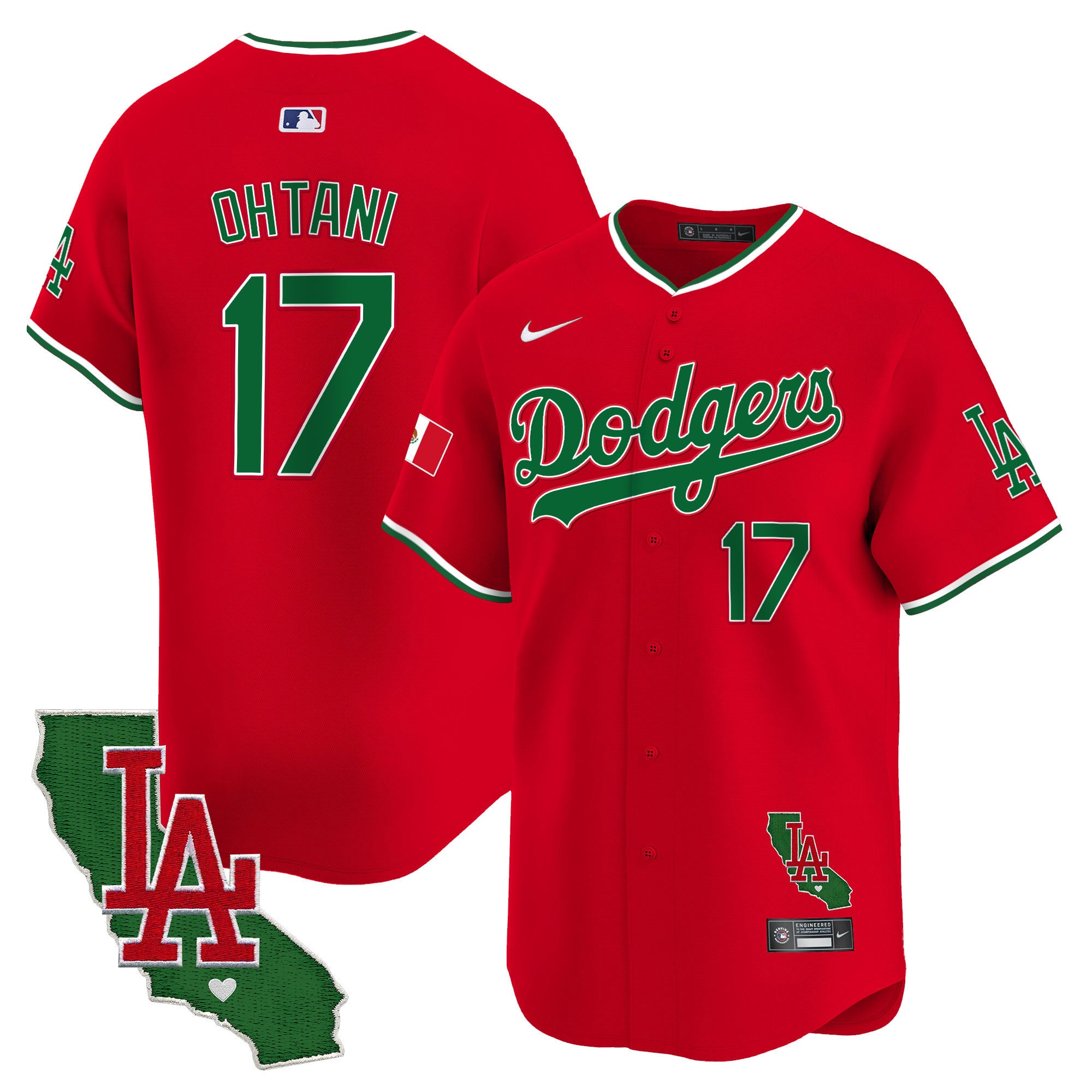 Men's Dodgers Mexico California Patch Vapor Premier Limited Jersey V4 - All Stitched - Red, Shohei Ohtani