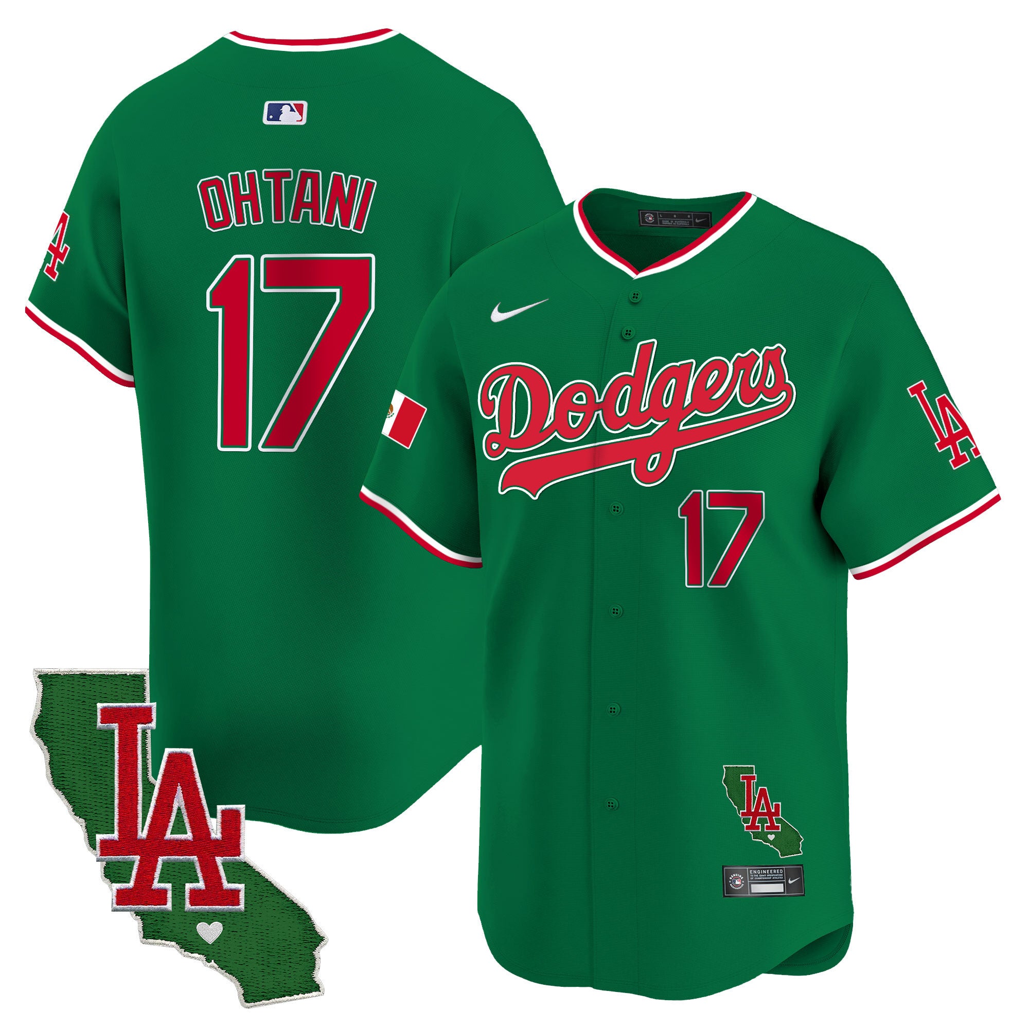 Men's Dodgers Mexico California Patch Vapor Premier Limited Jersey V4 - All Stitched - Green, Shohei Ohtani