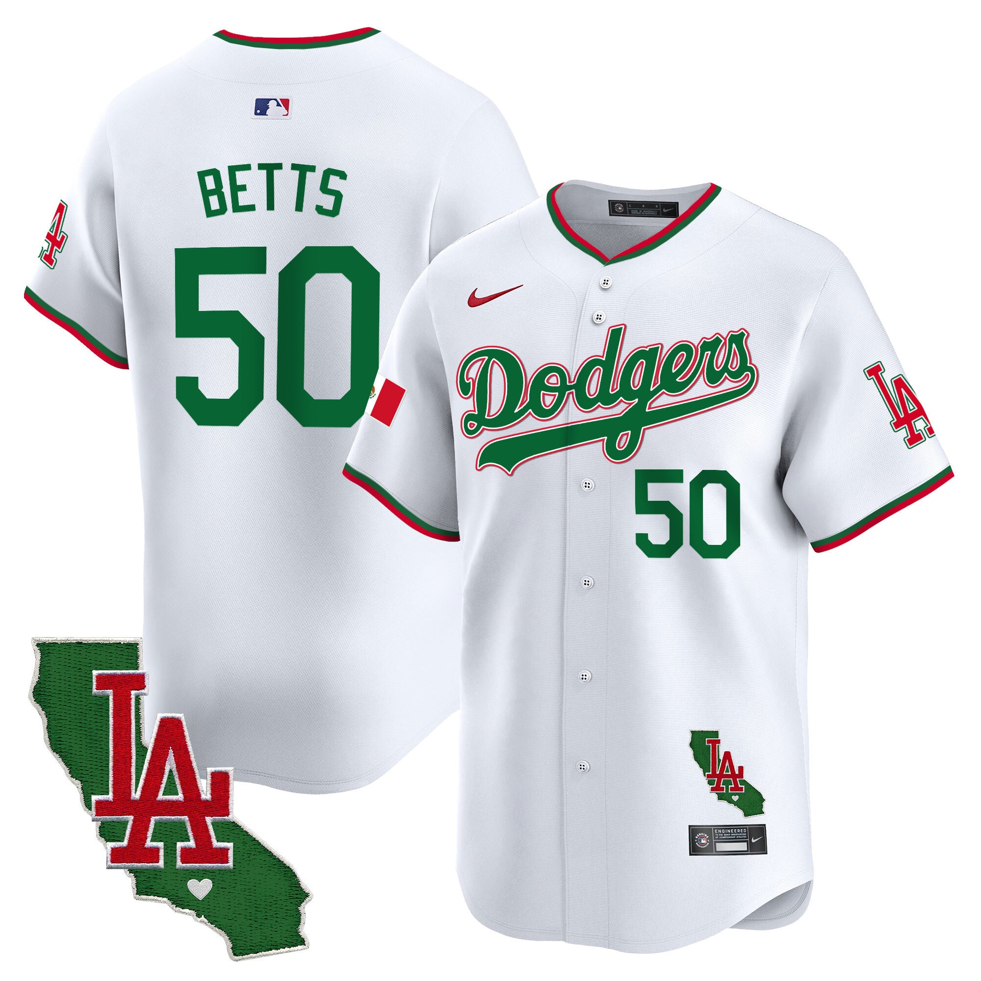 Men's Dodgers Mexico California Patch Vapor Premier Limited Jersey V4 - All Stitched - White, Mookie Betts
