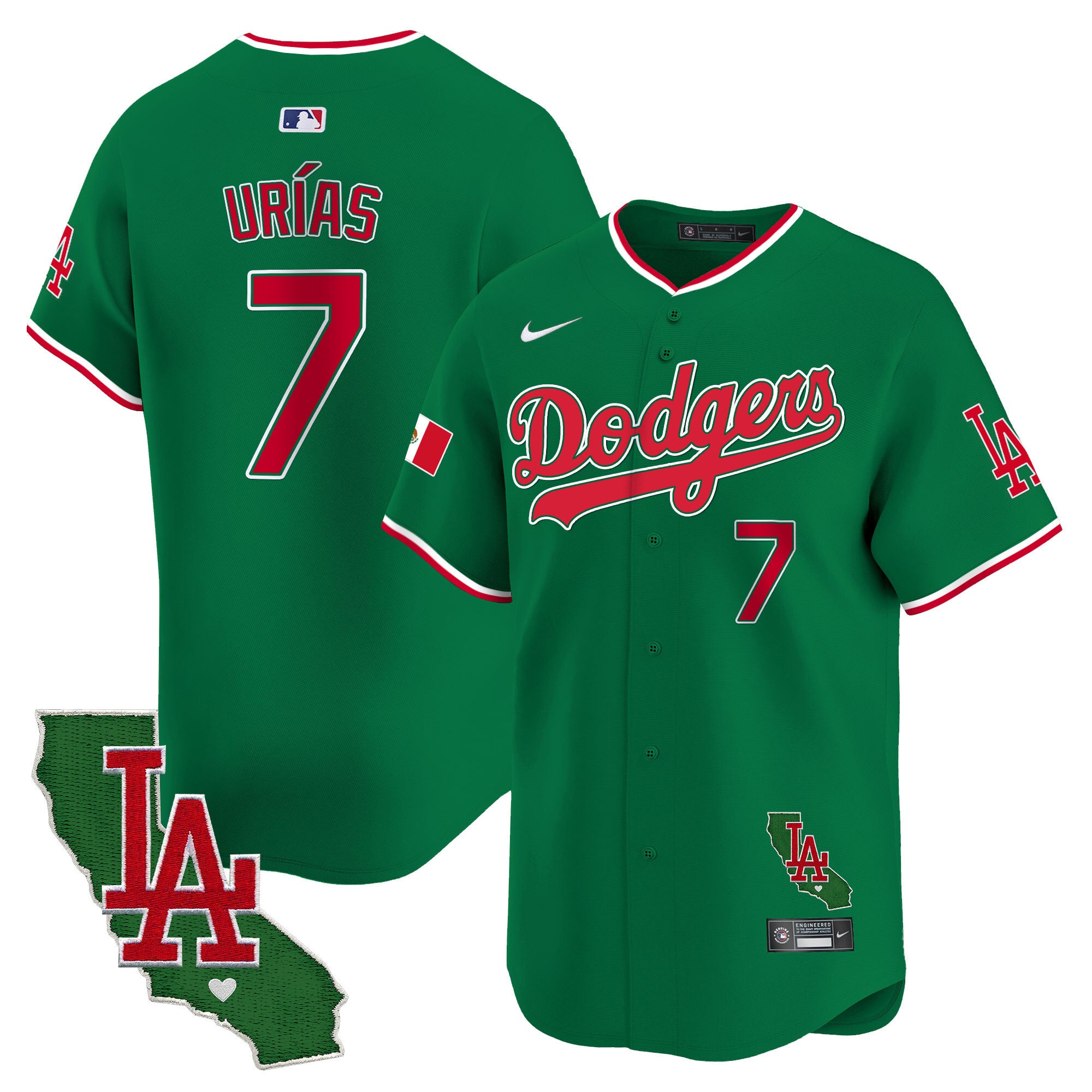 Men's Dodgers Mexico California Patch Vapor Premier Limited Jersey V4 - All Stitched - Green, Julio Urías