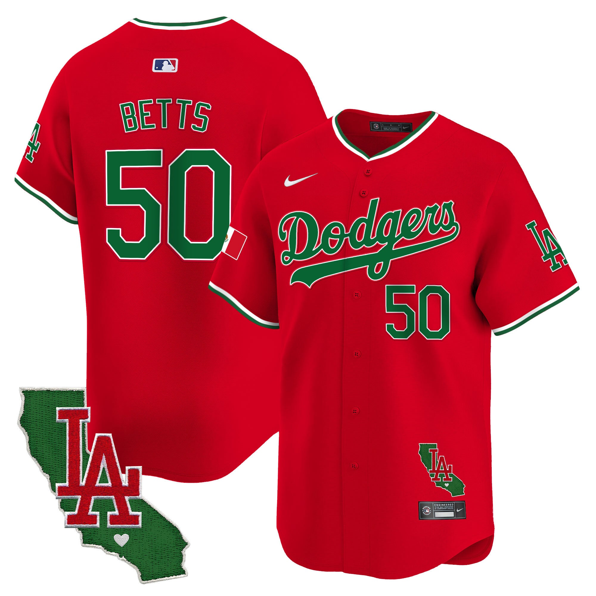Men's Dodgers Mexico California Patch Vapor Premier Limited Jersey V4 - All Stitched - Red, Mookie Betts