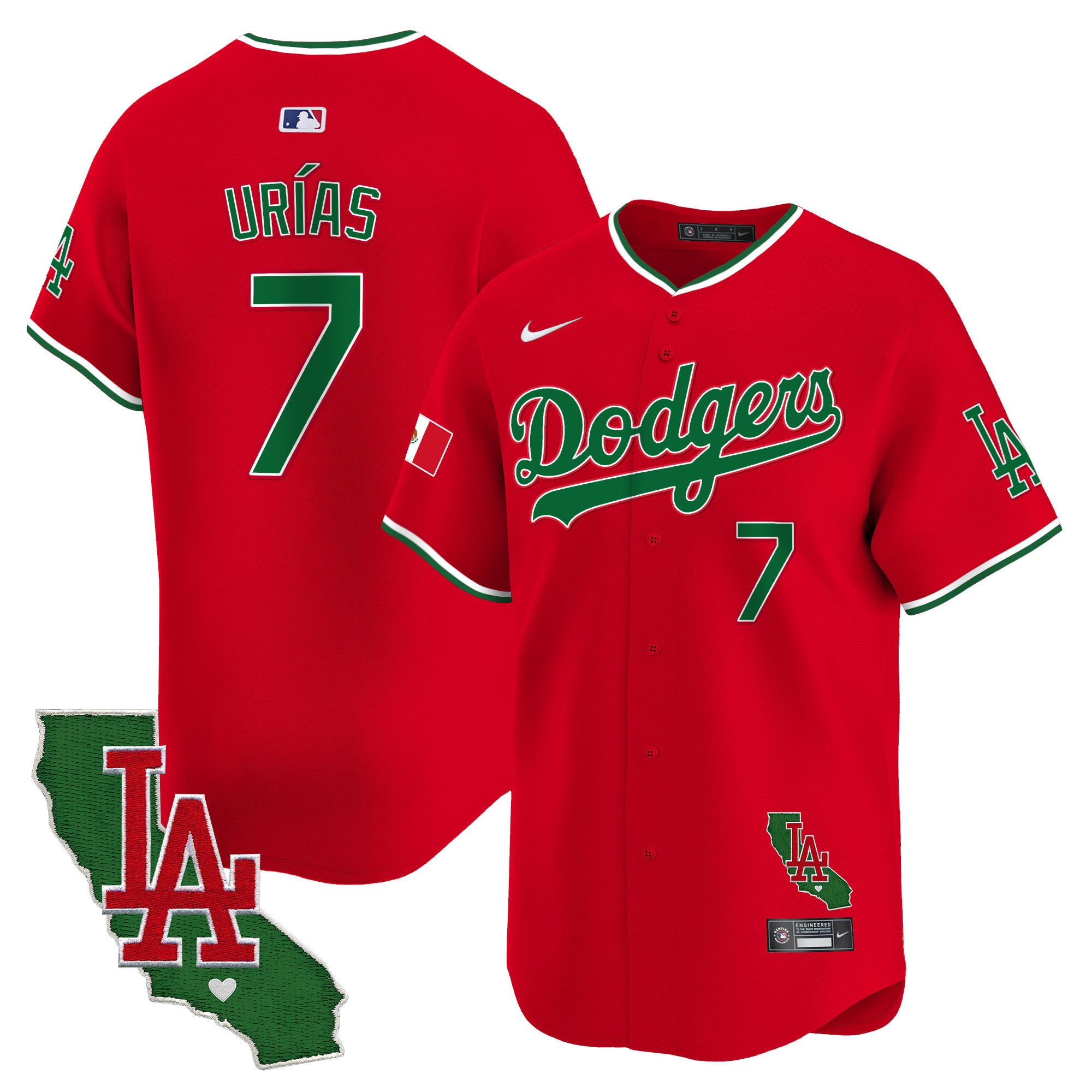 Men's Dodgers Mexico California Patch Vapor Premier Limited Jersey V4 - All Stitched - Red, Julio Urías