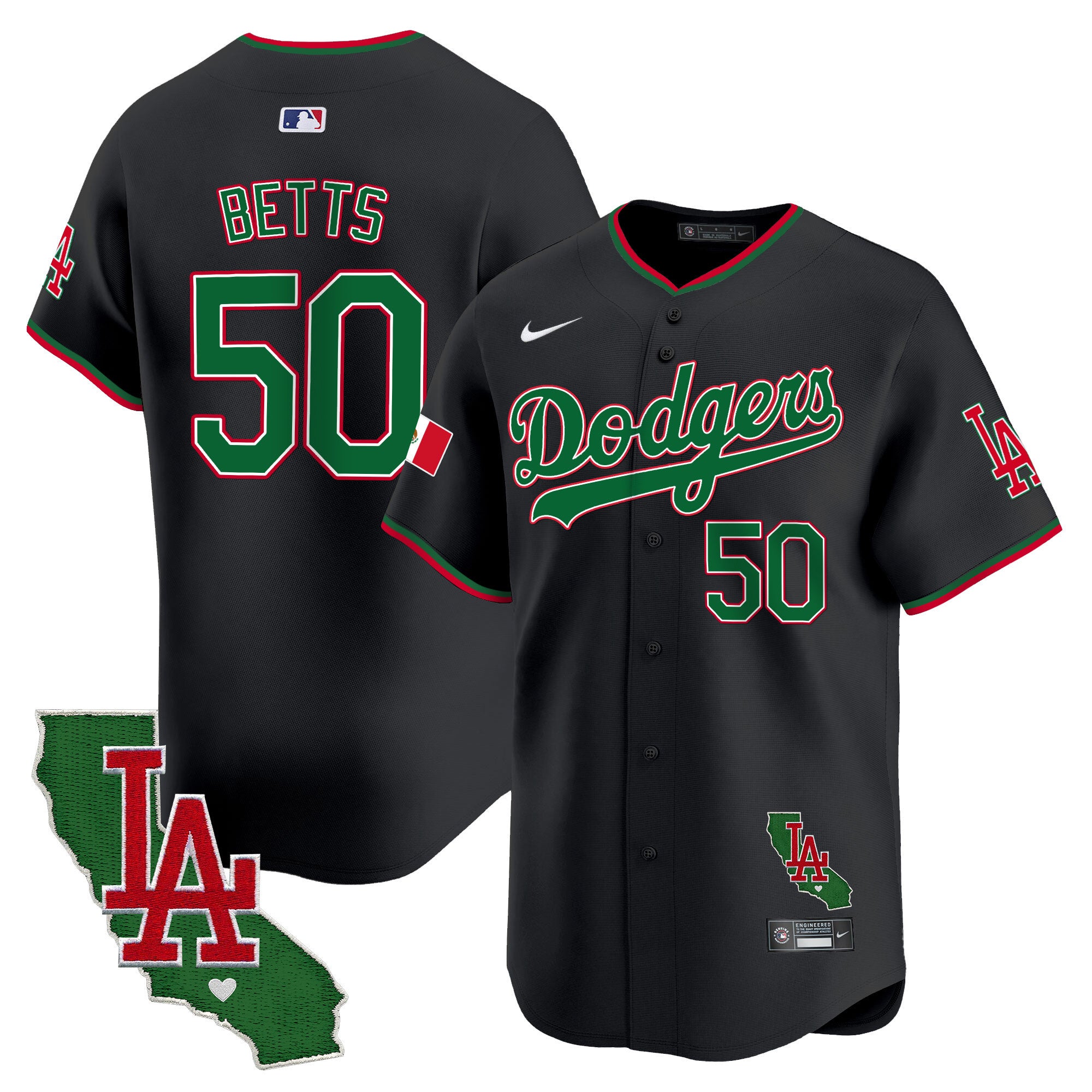 Men's Dodgers Mexico California Patch Vapor Premier Limited Jersey V4 - All Stitched - Black, Mookie Betts