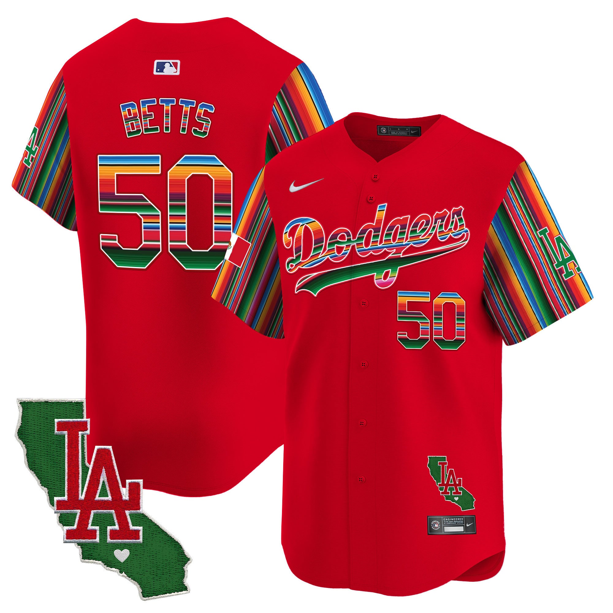 Men's Dodgers Mexico California Patch Vapor Premier Limited Jersey V5 - All Stitched - Red, Mookie Betts