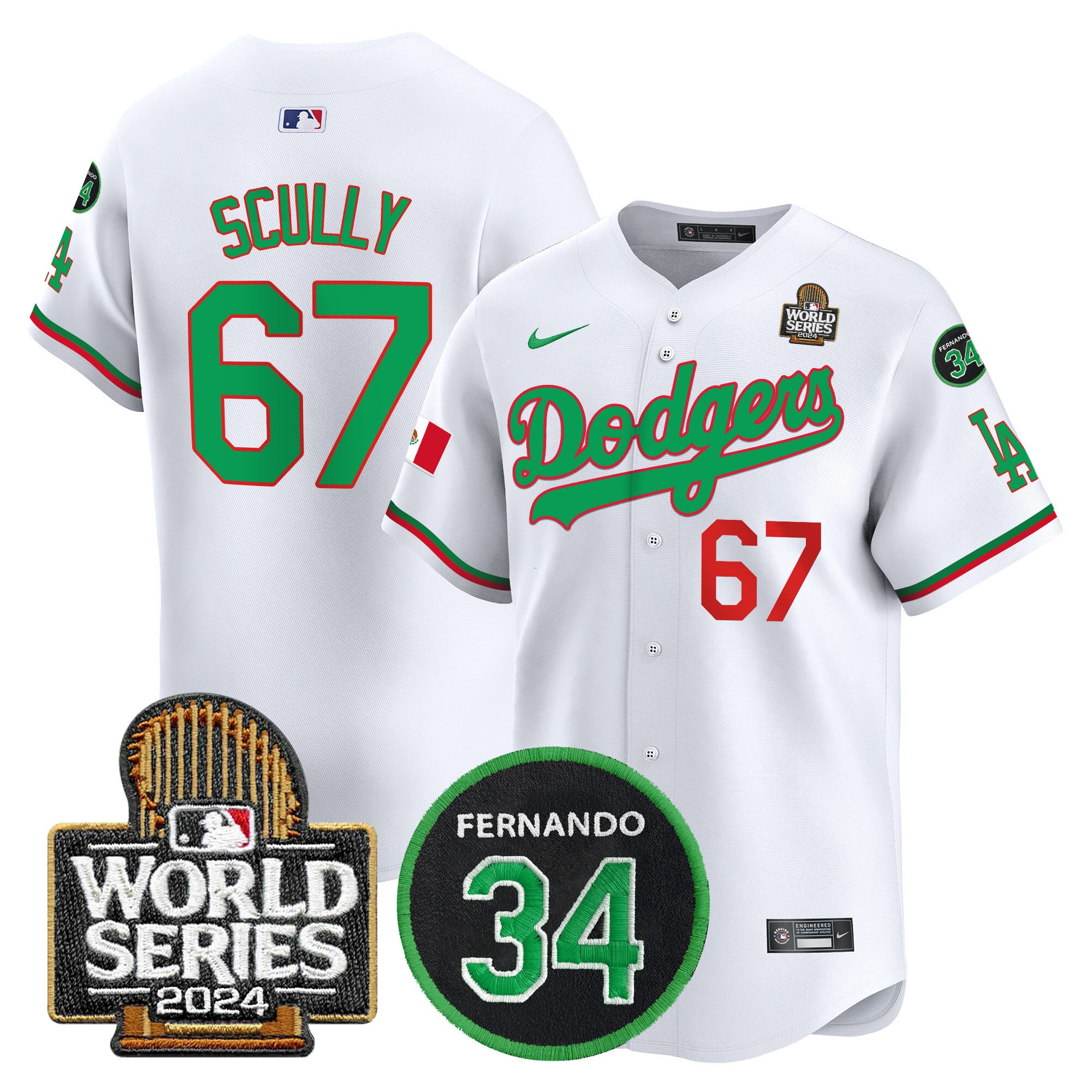 Men's Dodgers Mexico Fernando Memorial & 2024 World Series Patch Vapor Premier Limited Jersey V3 - All Stitched - Mexico White, Vin Scully