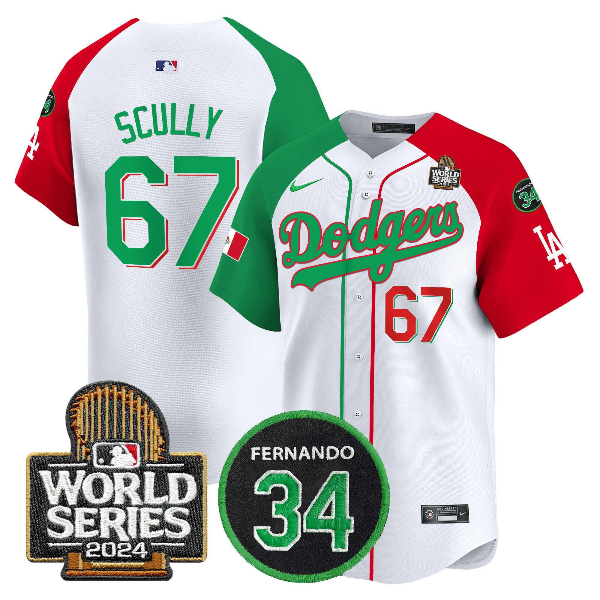 Men's Dodgers Mexico Fernando Memorial & 2024 World Series Patch Vapor Premier Limited Jersey V3 - All Stitched - Mexican Heritage Night, Vin Scully