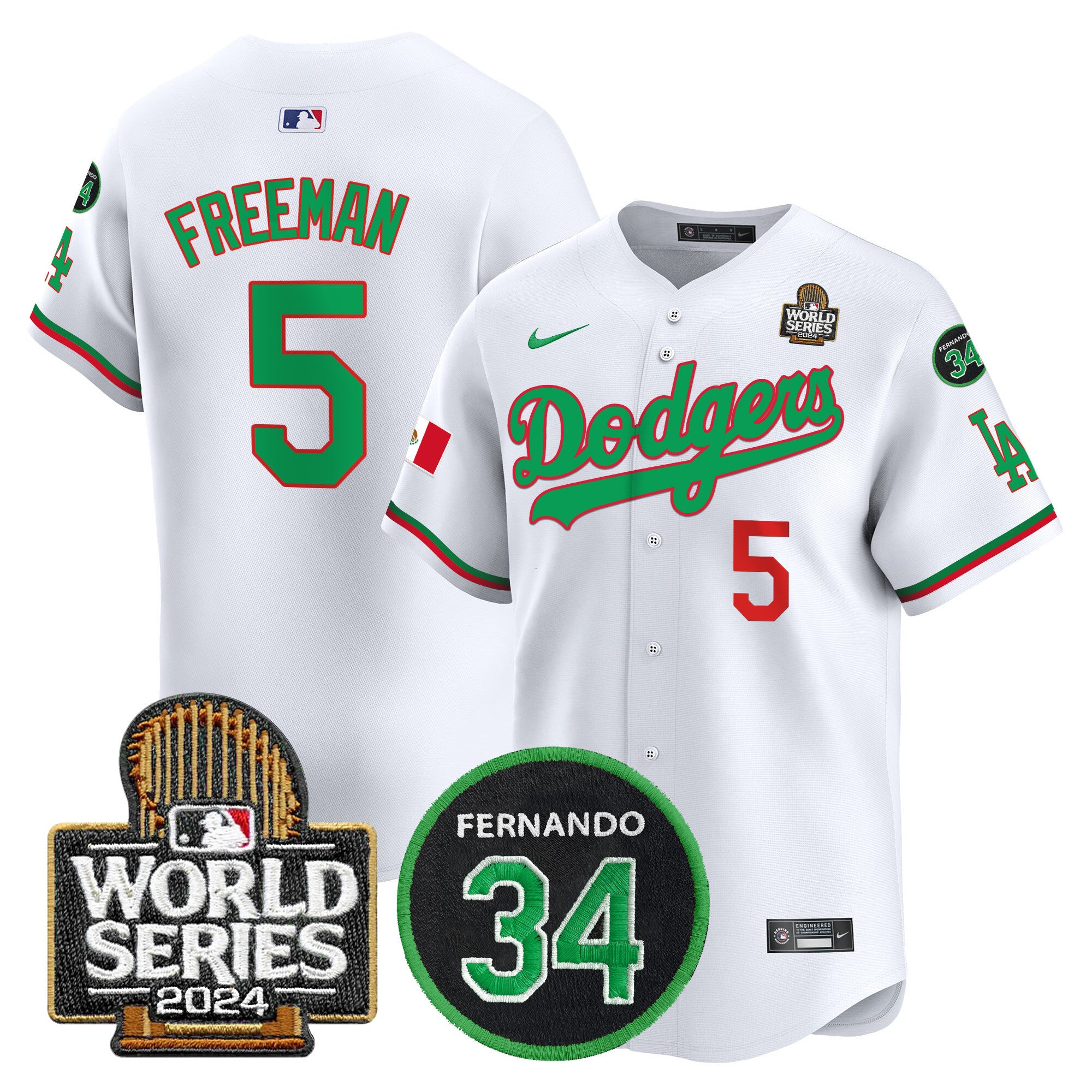 Men's Dodgers Mexico Fernando Memorial & 2024 World Series Patch Vapor Premier Limited Jersey V3 - All Stitched - Mexico White, Freddie Freeman