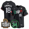Men's Dodgers Mexico Fernando Memorial & 2024 World Series Patch Vapor Premier Limited Jersey V3 - All Stitched - Black Mexico Flag, Yamamoto