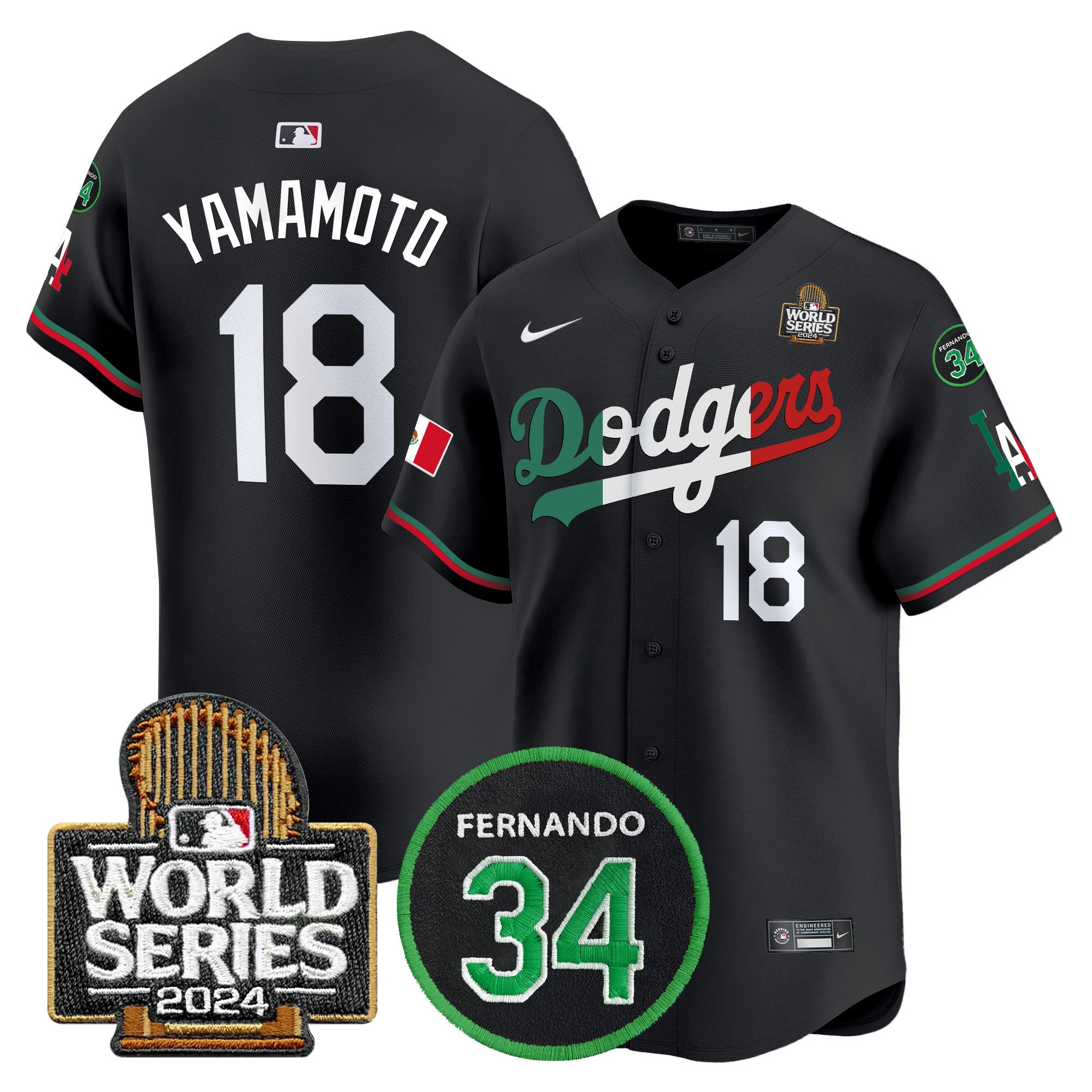 Men's Dodgers Mexico Fernando Memorial & 2024 World Series Patch Vapor Premier Limited Jersey V3 - All Stitched - Black Mexico Flag, Yamamoto