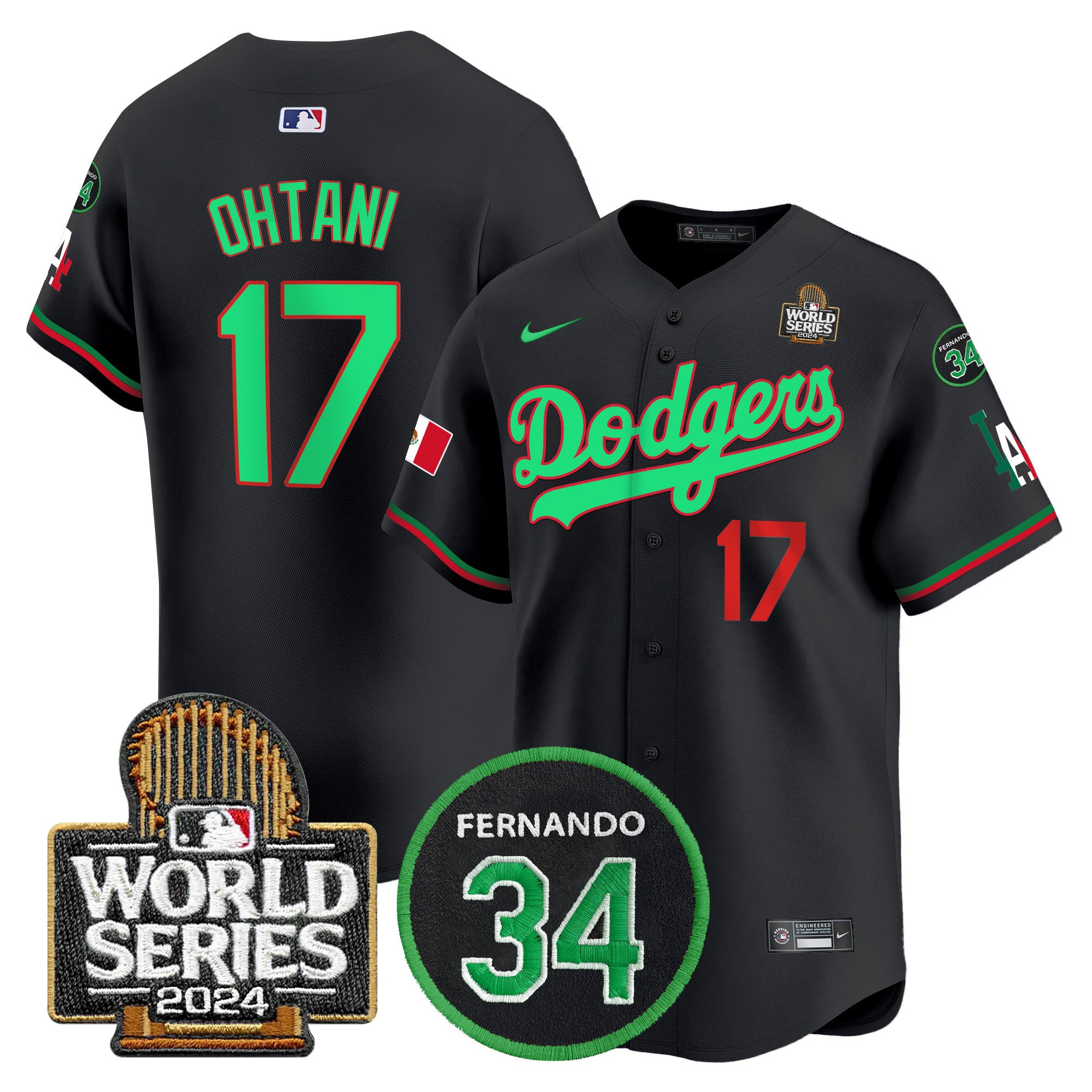 Men's Dodgers Mexico Fernando Memorial & 2024 World Series Patch Vapor Premier Limited Jersey V3 - All Stitched - Black Mexico, Shohei Ohtani