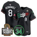 Men's Dodgers Mexico Fernando Memorial & 2024 World Series Patch Vapor Premier Limited Jersey V3 - All Stitched - Black Mexico Flag, Kike Hernandez