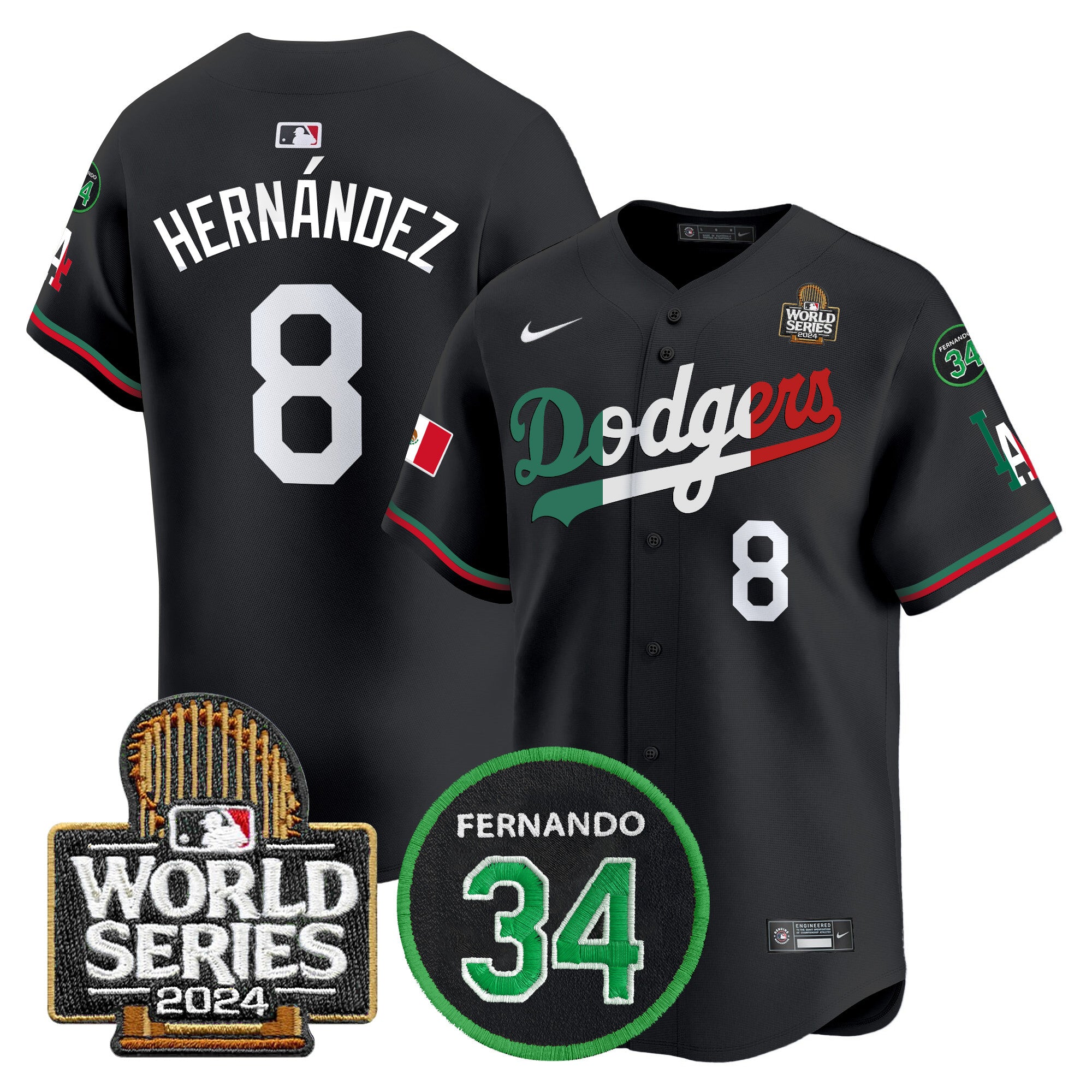 Men's Dodgers Mexico Fernando Memorial & 2024 World Series Patch Vapor Premier Limited Jersey V3 - All Stitched - Black Mexico Flag, Kike Hernandez