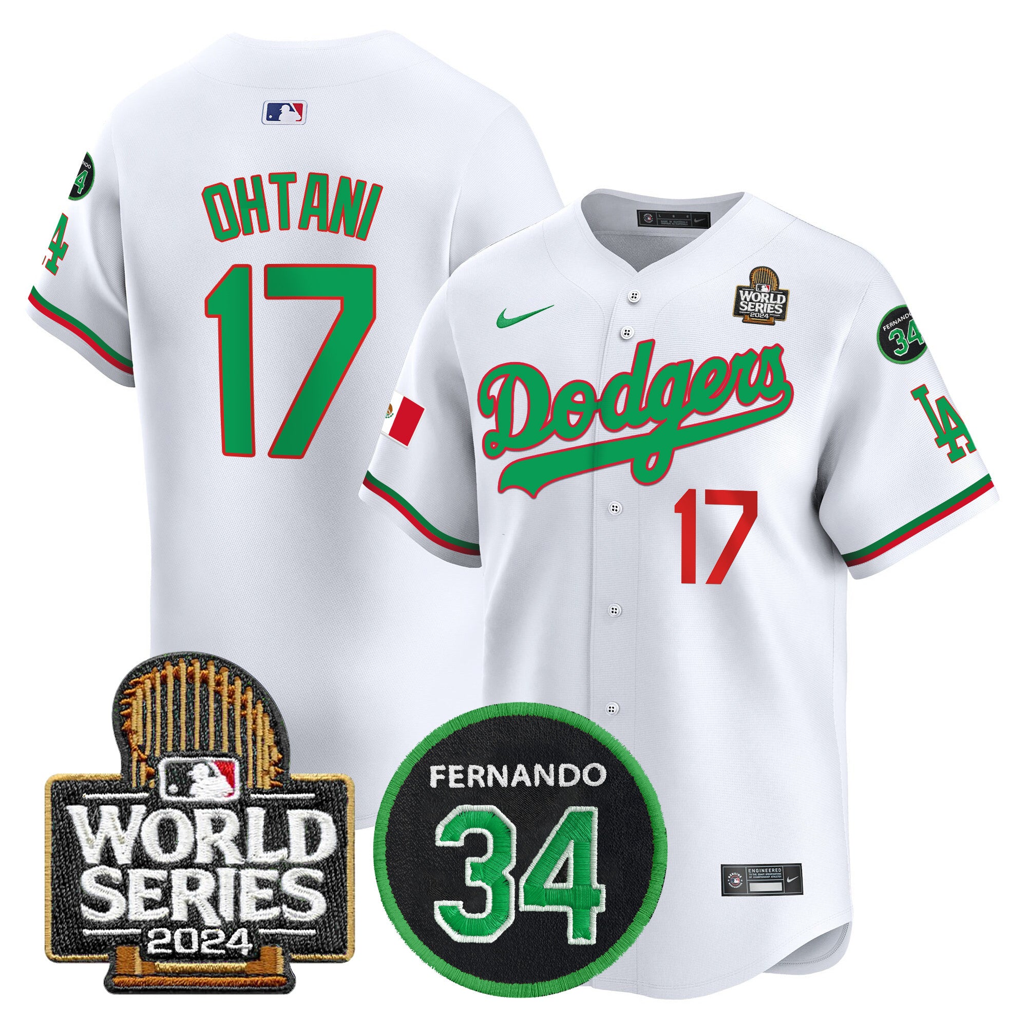 Men's Dodgers Mexico Fernando Memorial & 2024 World Series Patch Vapor Premier Limited Jersey V3 - All Stitched - Mexico White, Shohei Ohtani