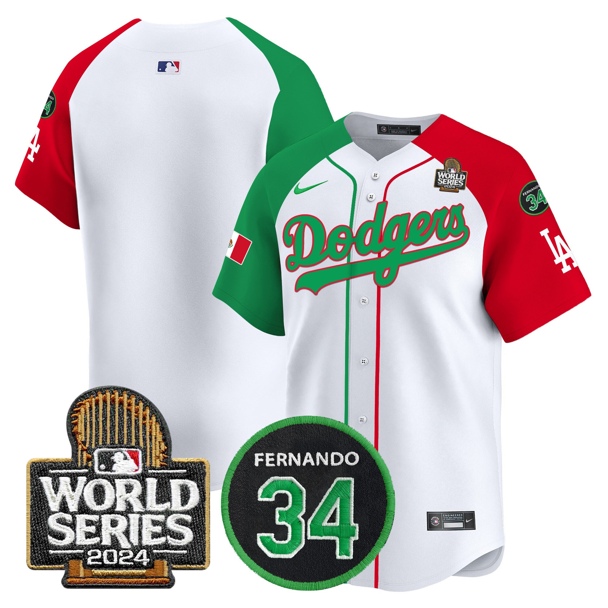 Men's Dodgers Mexico Fernando Memorial & 2024 World Series Patch Vapor Premier Limited Jersey V3 - All Stitched - Mexican Heritage Night, Team