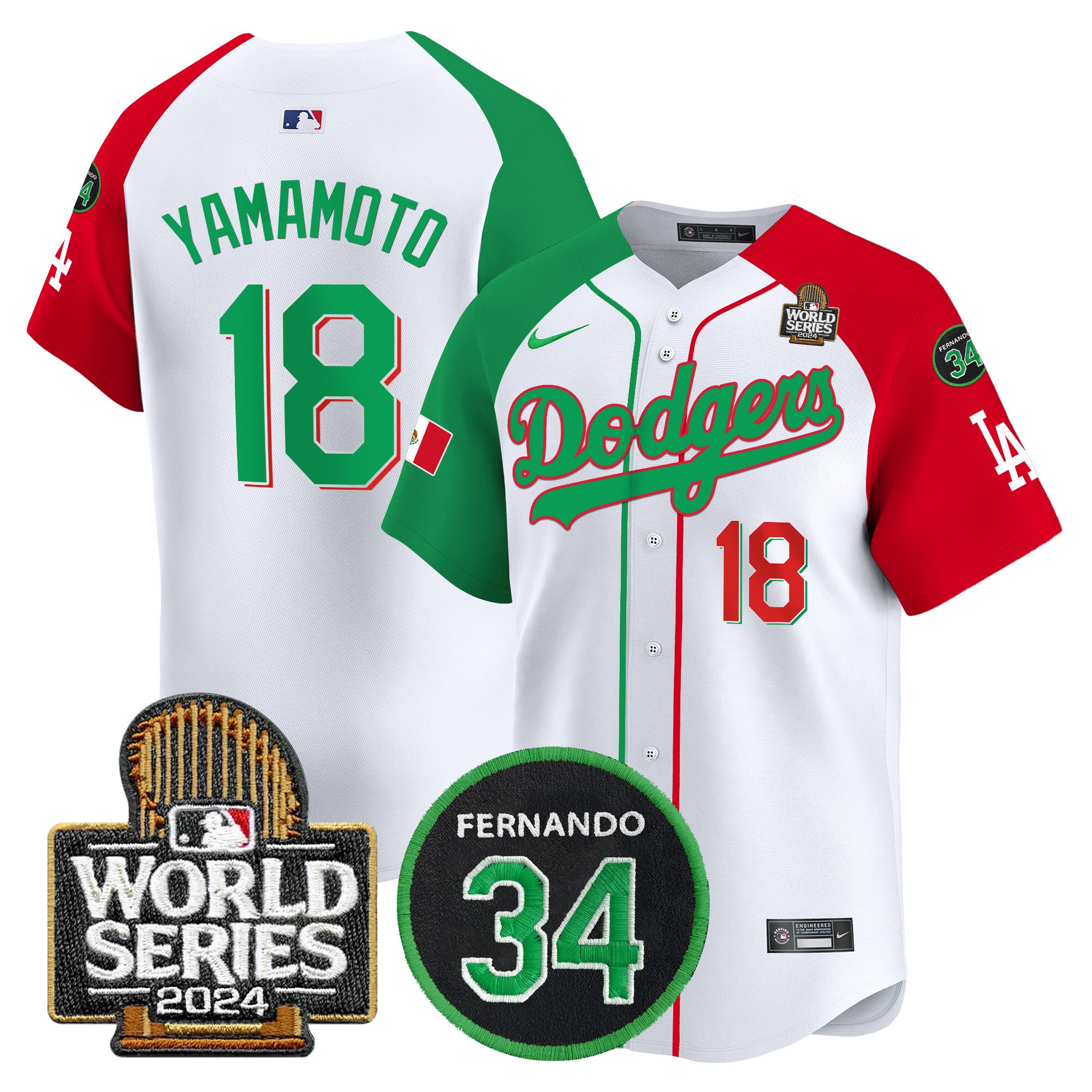 Men's Dodgers Mexico Fernando Memorial & 2024 World Series Patch Vapor Premier Limited Jersey V3 - All Stitched - Mexican Heritage Night, Yamamoto
