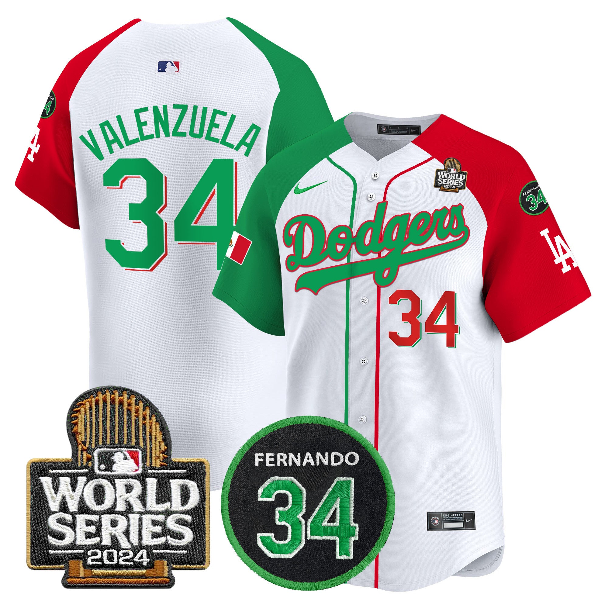 Men's Dodgers Mexico Fernando Memorial & 2024 World Series Patch Vapor Premier Limited Jersey V3 - All Stitched - Mexican Heritage Night, Fernando Valenzuela