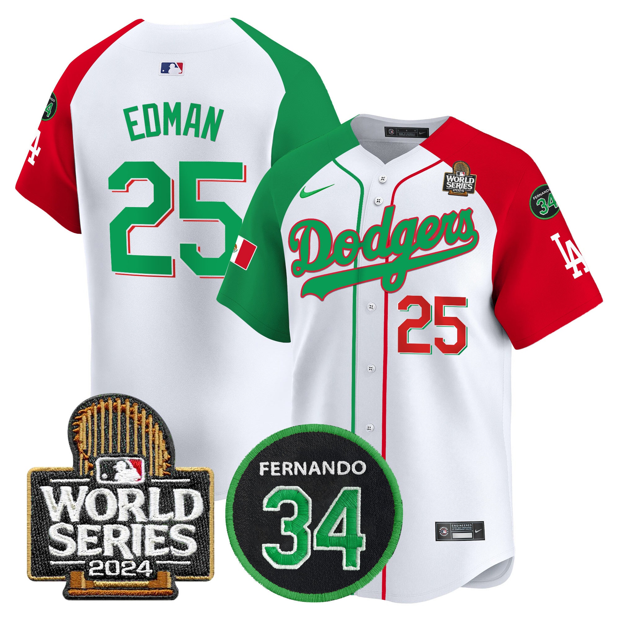 Men's Dodgers Mexico Fernando Memorial & 2024 World Series Patch Vapor Premier Limited Jersey V3 - All Stitched - Mexican Heritage Night, Tommy Edman