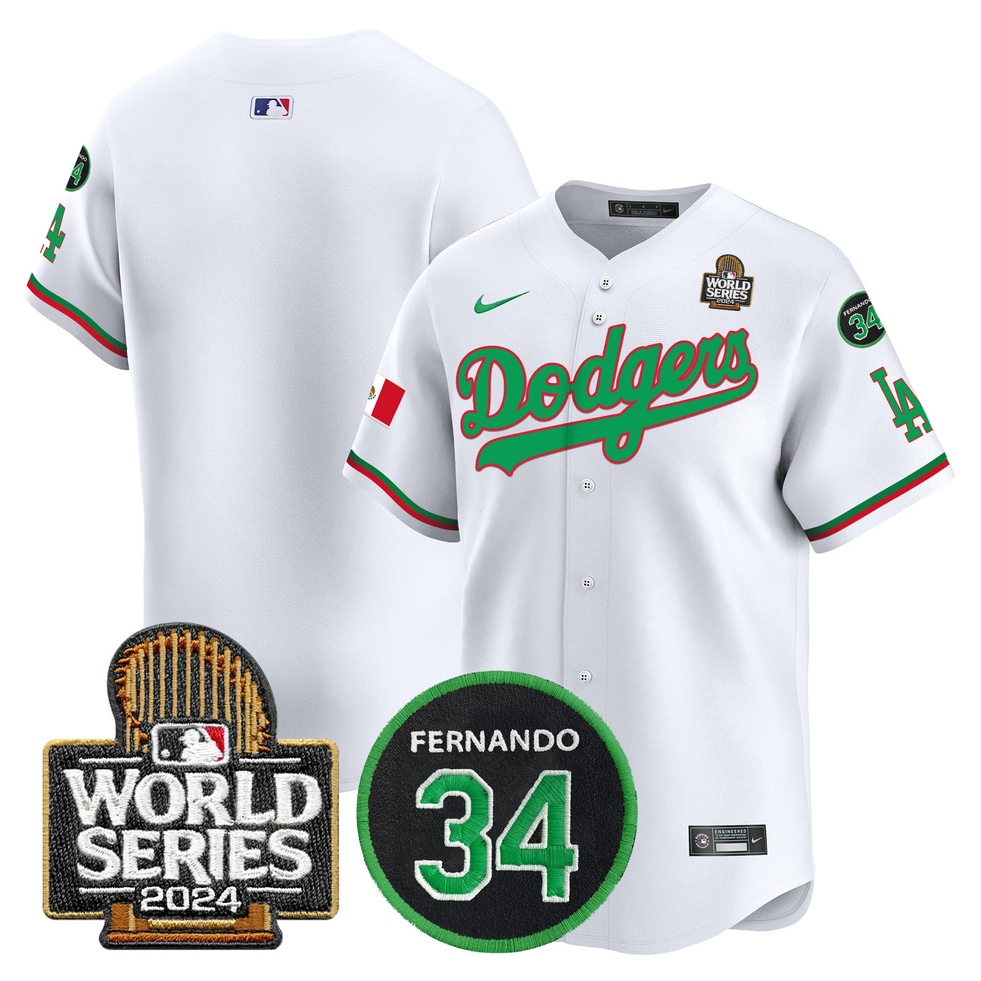 Men's Dodgers Mexico Fernando Memorial & 2024 World Series Patch Vapor Premier Limited Jersey V3 - All Stitched - Mexico White, Team