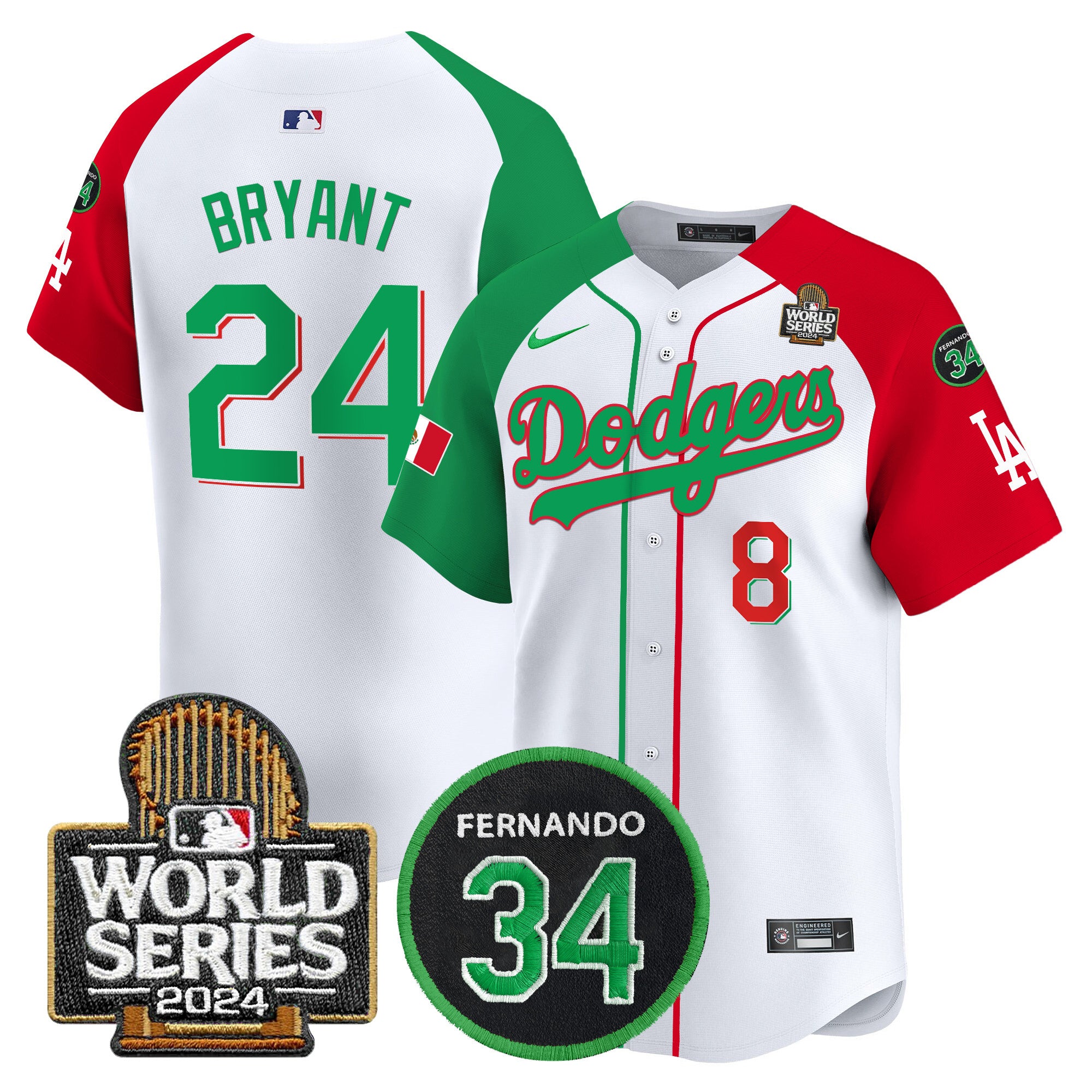 Men's Dodgers Mexico Fernando Memorial & 2024 World Series Patch Vapor Premier Limited Jersey V3 - All Stitched - Mexican Heritage Night, Kobe Bryant