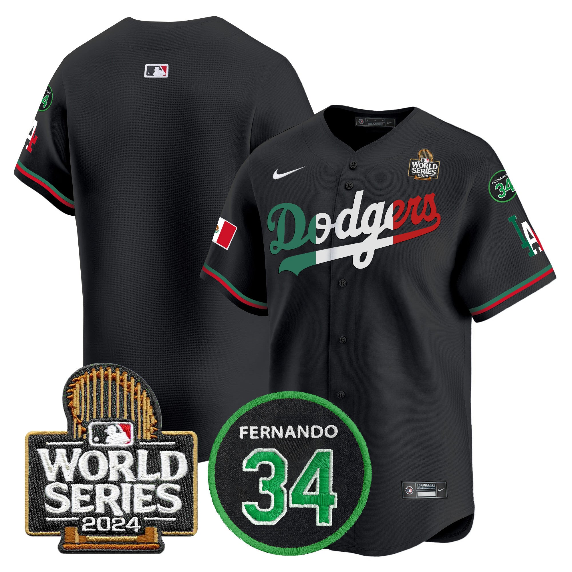 Men's Dodgers Mexico Fernando Memorial & 2024 World Series Patch Vapor Premier Limited Jersey V3 - All Stitched - Black Mexico Flag, Team