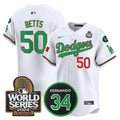 Men's Dodgers Mexico Fernando Memorial & 2024 World Series Patch Vapor Premier Limited Jersey V3 - All Stitched - Mexico White, Mookie Betts