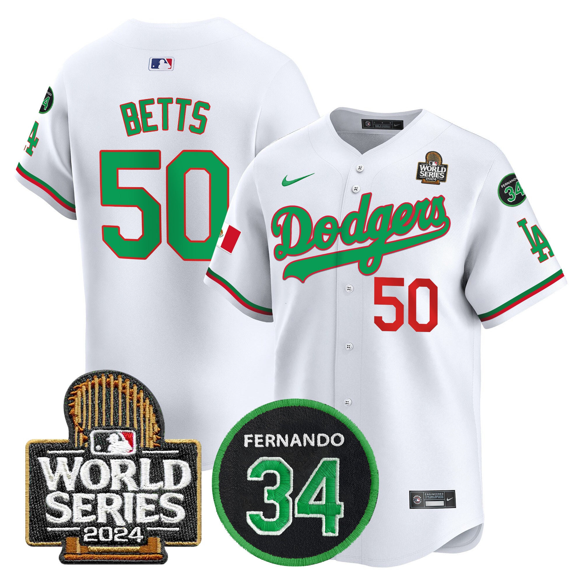 Men's Dodgers Mexico Fernando Memorial & 2024 World Series Patch Vapor Premier Limited Jersey V3 - All Stitched - Mexico White, Mookie Betts