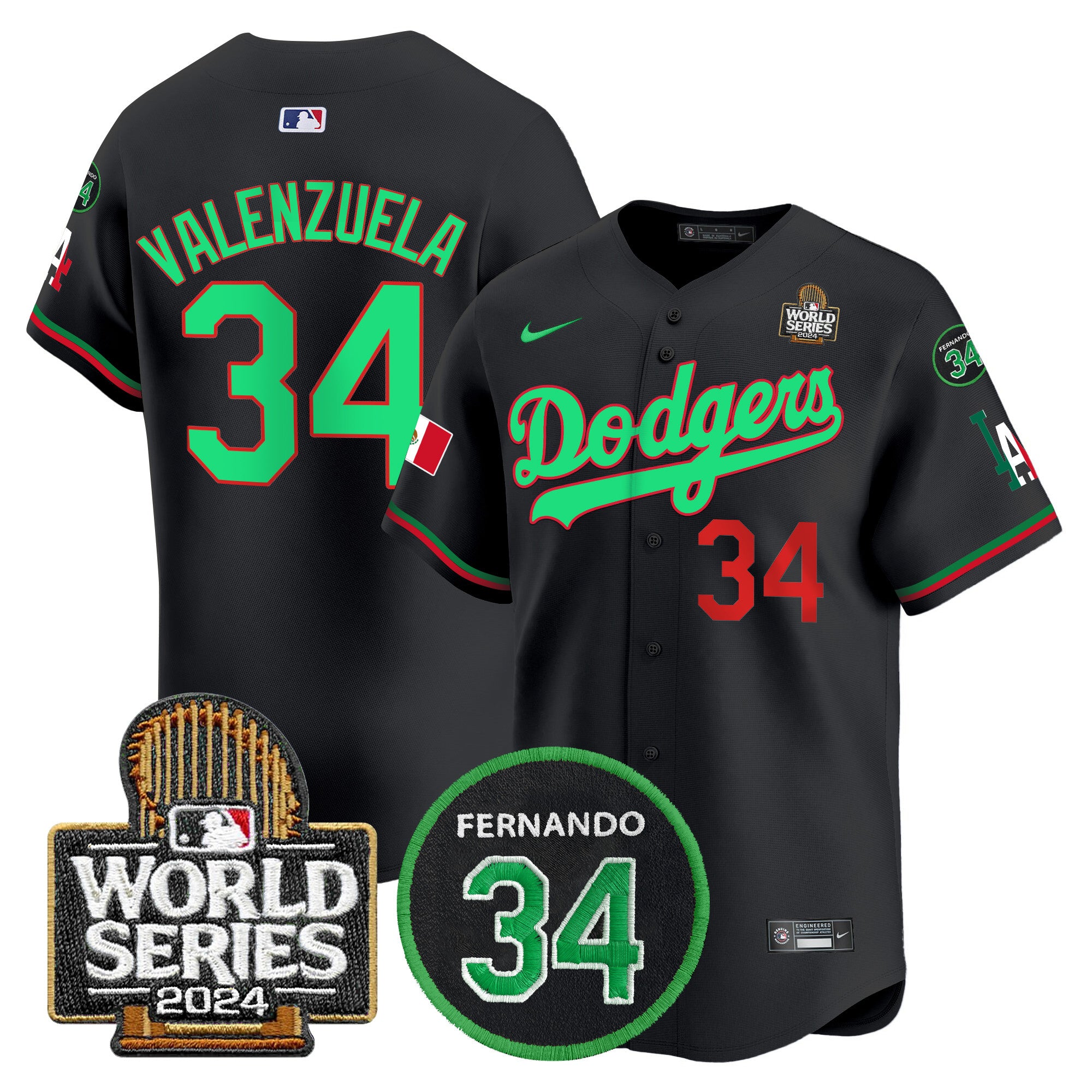 Men's Dodgers Mexico Fernando Memorial & 2024 World Series Patch Vapor Premier Limited Jersey V3 - All Stitched - Black Mexico, Fernando Valenzuela