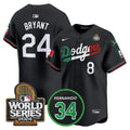 Men's Dodgers Mexico Fernando Memorial & 2024 World Series Patch Vapor Premier Limited Jersey V3 - All Stitched - Black Mexico Flag, Kobe Bryant