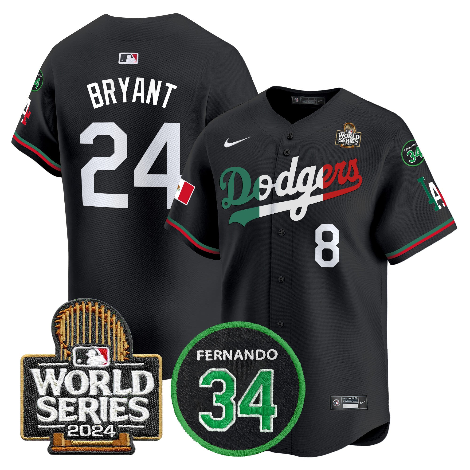Men's Dodgers Mexico Fernando Memorial & 2024 World Series Patch Vapor Premier Limited Jersey V3 - All Stitched - Black Mexico Flag, Kobe Bryant