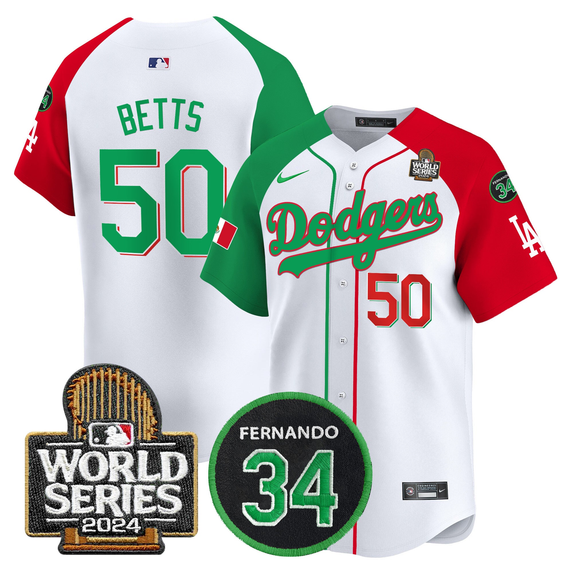 Men's Dodgers Mexico Fernando Memorial & 2024 World Series Patch Vapor Premier Limited Jersey V3 - All Stitched - Mexican Heritage Night, Mookie Betts